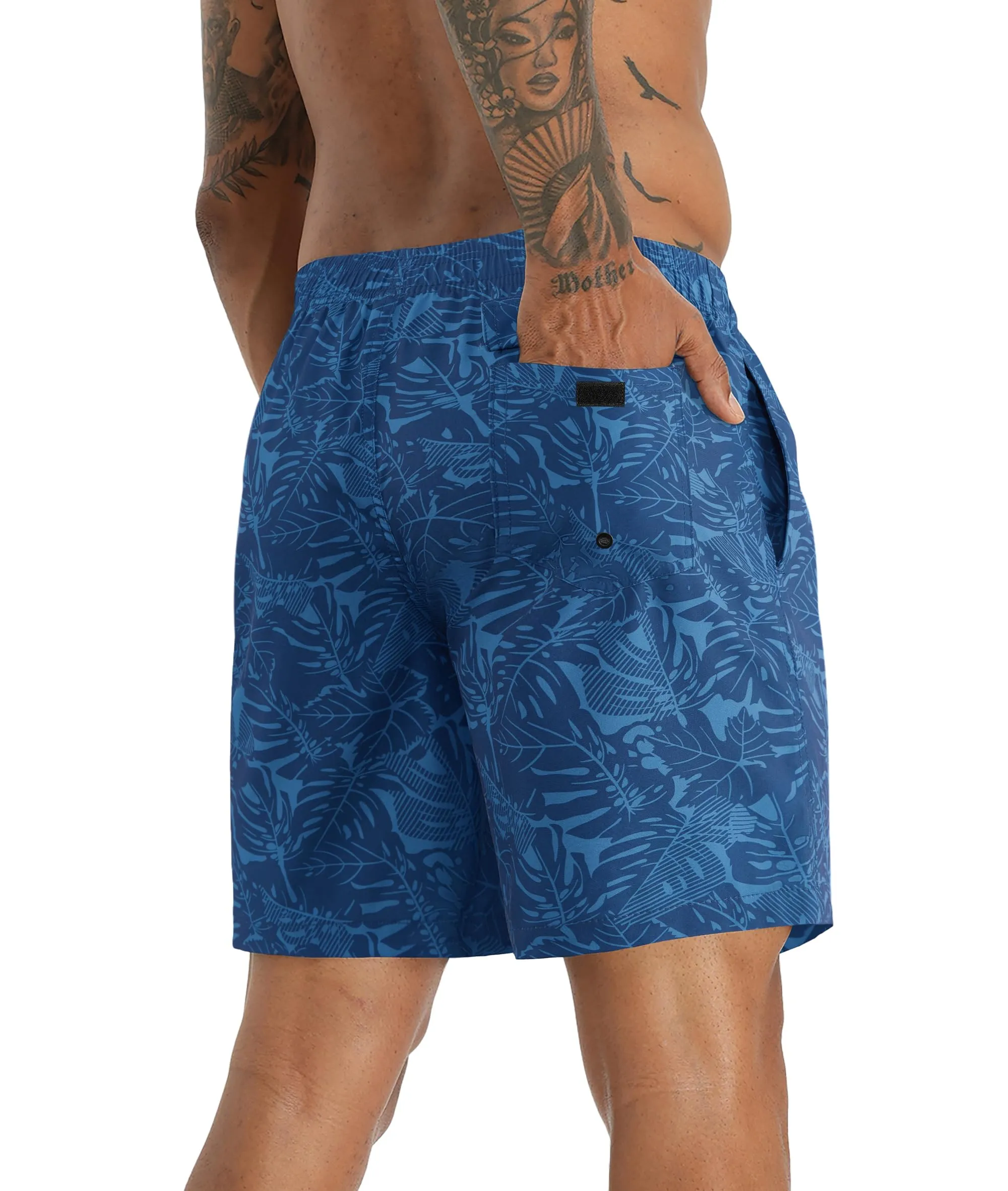 APTRO Pantaloncini da bagno da uomo con fodera a compressione, 17,8 cm, Foglia Blu, S - immagine 3