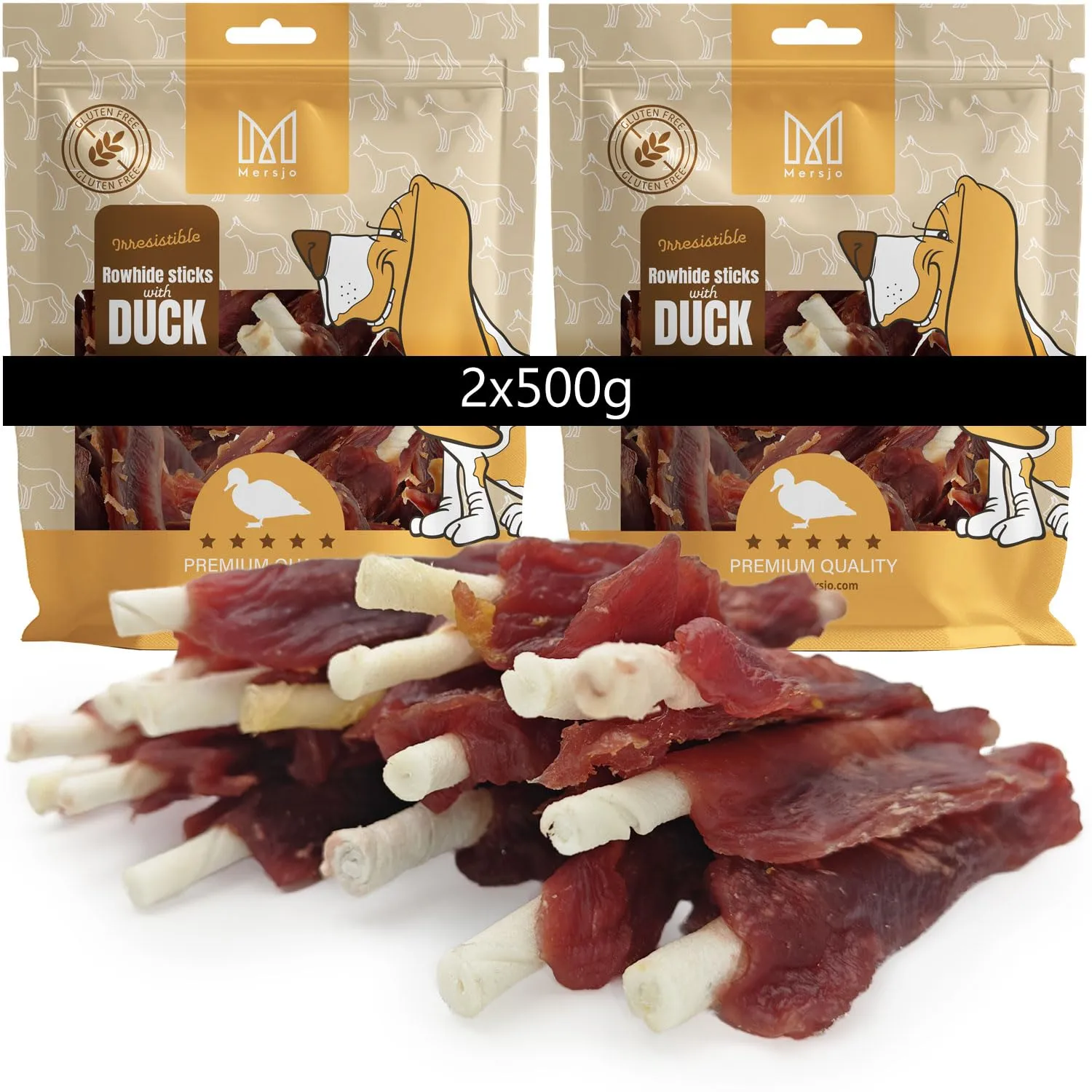 MERSJO Entenkausticks per cani, 2x500g, 61% anatra, 16-18 cm, senza glutine - immagine 1