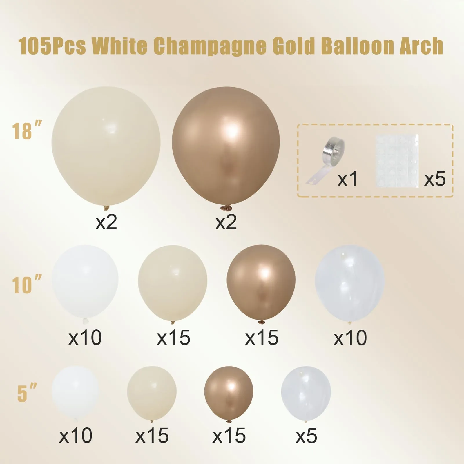 Frigg Kit Arco di Palloncini Bianchi e Oro, 105 Pezzi - immagine 2