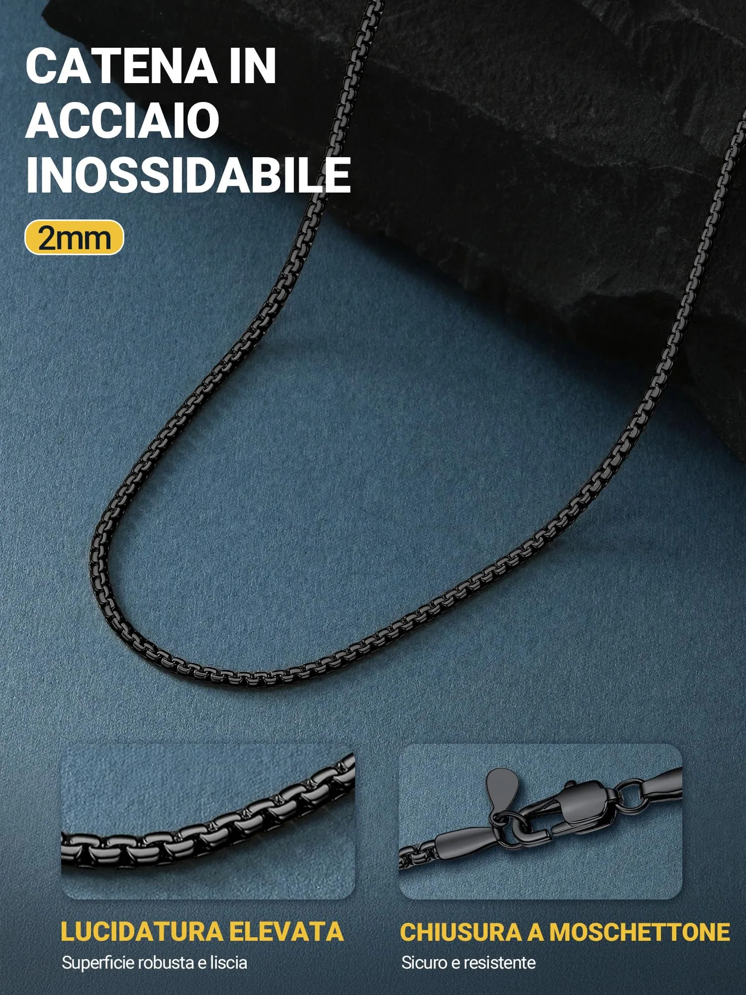 PROSTEEL Collana Uomo Catena Scatola Piatta in Acciaio Inossidabile 2mm 76cm Nero - immagine 3