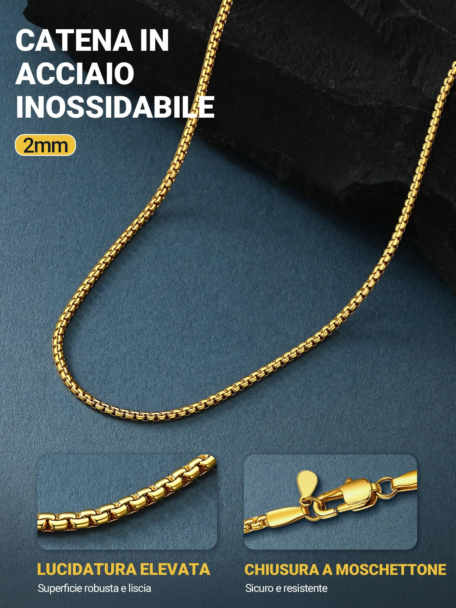 PROSTEEL Collana a Catena Piatta in Acciaio Inossidabile 316L, 2mm, 46cm, Oro - immagine 7