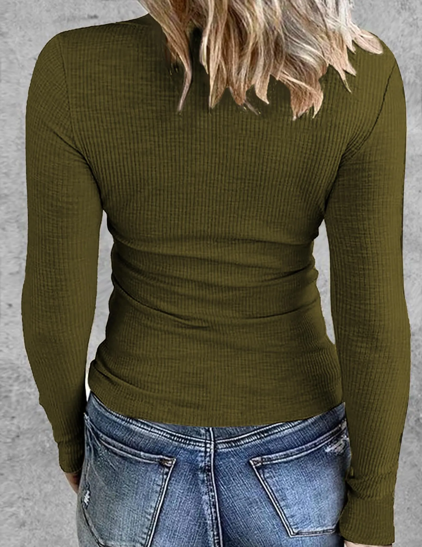 Zeagoo Maglia a Maniche Lunghe Girocollo a Coste Slim Fit Verde Militare S - immagine 5