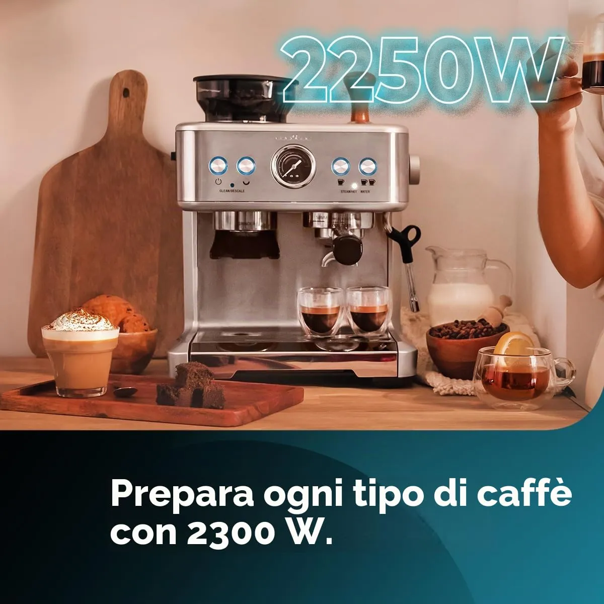 Cecotec Power Espresso 20 Barista Macchina da Caffè Espresso 20 Bar, 2250W, 2 Thermoblock, Macinacaffè con 20 livelli e Manometro - immagine 3