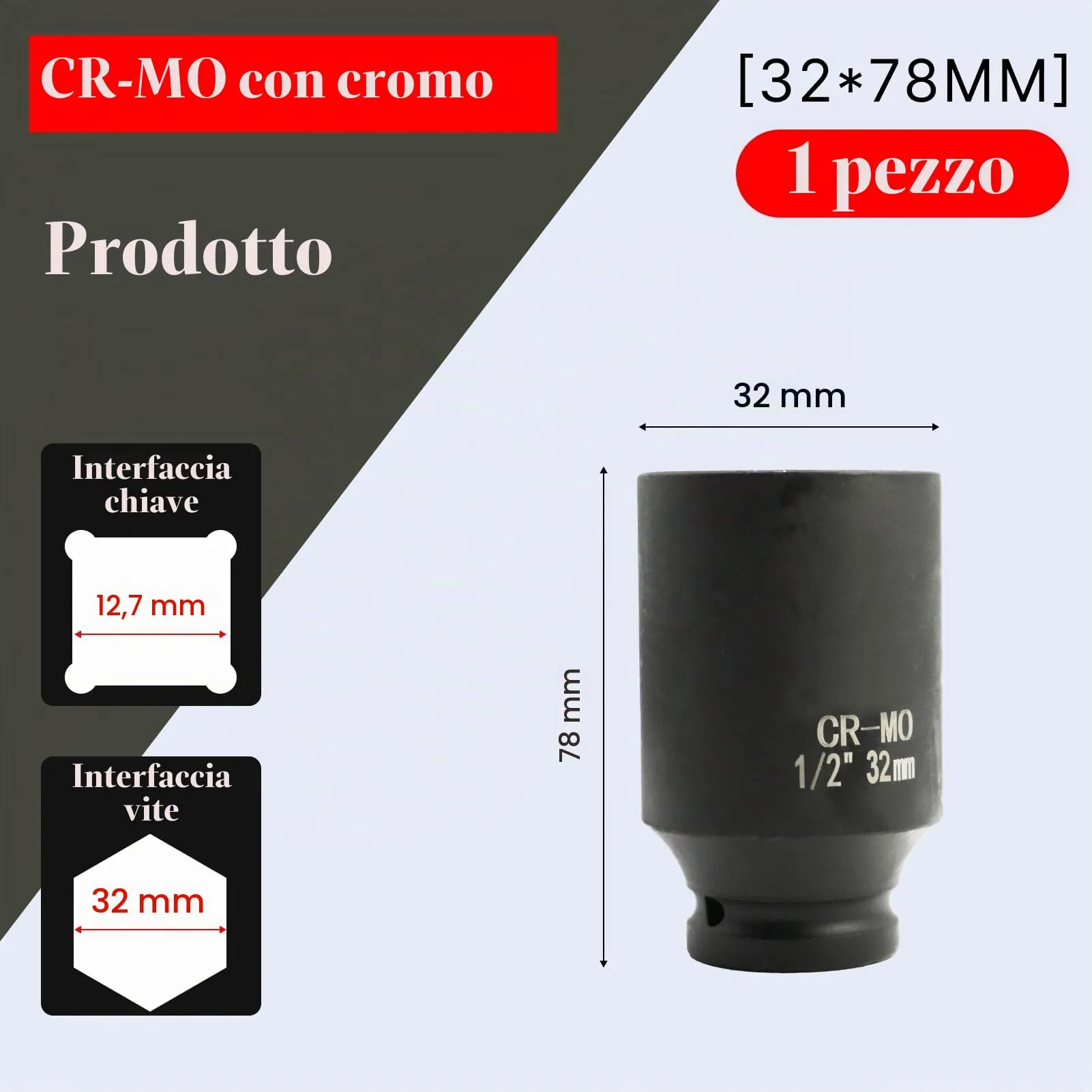 Flewdart Bussola Lunga Esagonale 1/2" 32mm, Acciaio al Cromo Molibdeno CR-MO, Lunghezza 78 mm - immagine 2