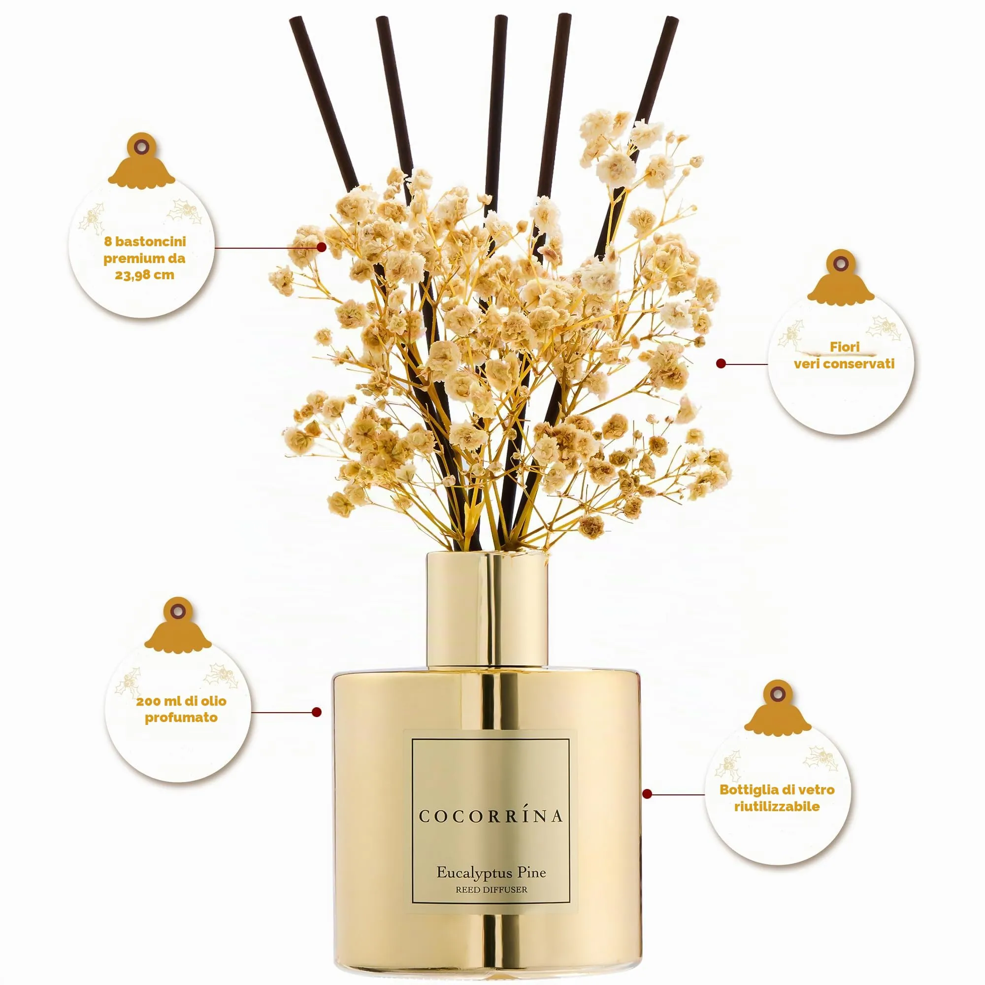 COCORRÍNA Diffusore Profumo Ambiente Eucalyptus Pine, 200ml con 8 Bastoncini - immagine 3