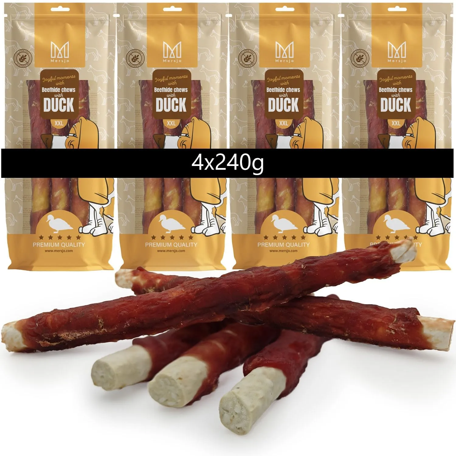 MERSJO Snack per cani XXL Bastoncini masticativi in pelle bovina e fegato d'anatra, 4 x 240 g, 24-25 cm - immagine 1