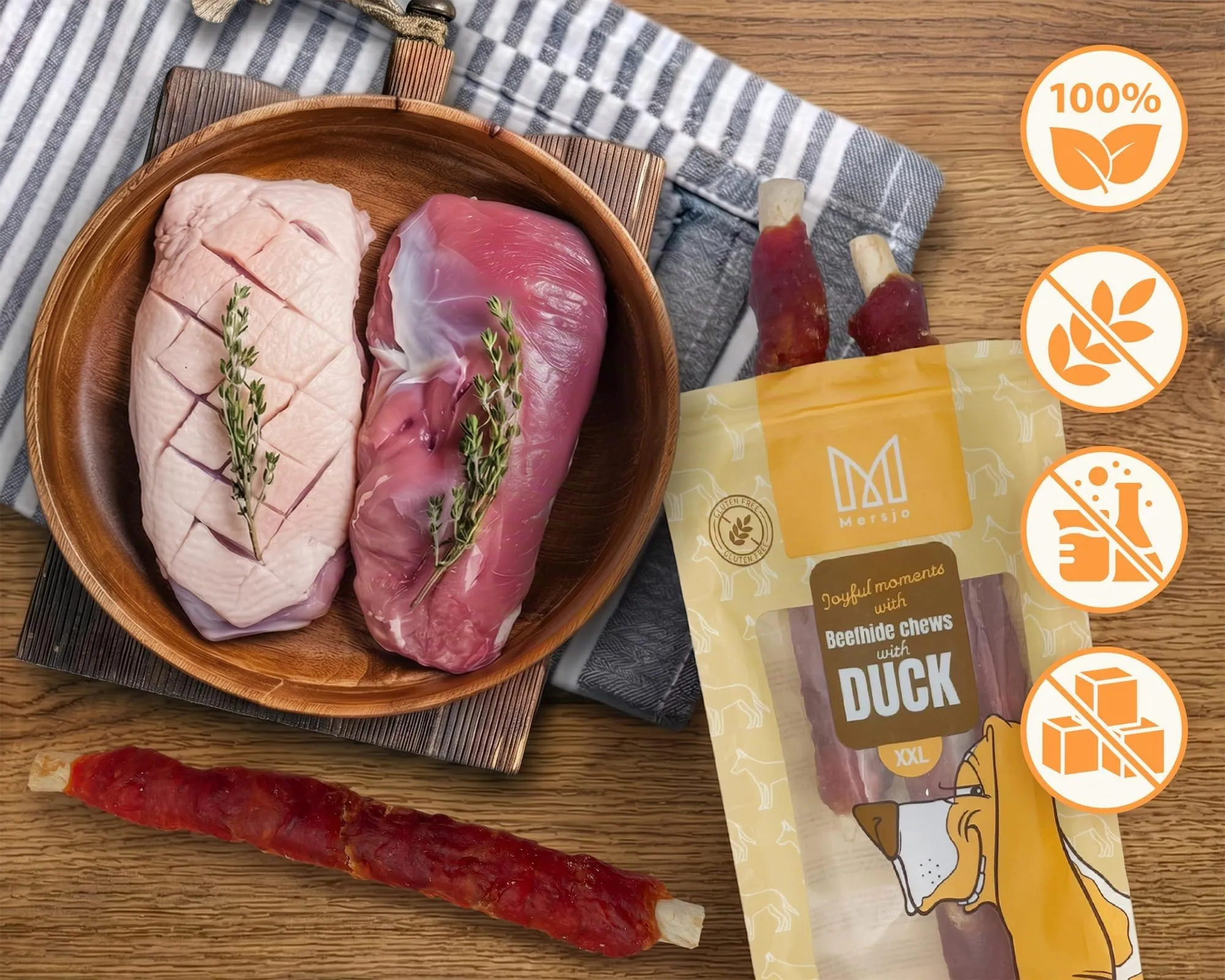 MERSJO Snack per cani XXL Bastoncini masticativi in pelle bovina e fegato d'anatra, 4 x 240 g, 24-25 cm - immagine 4