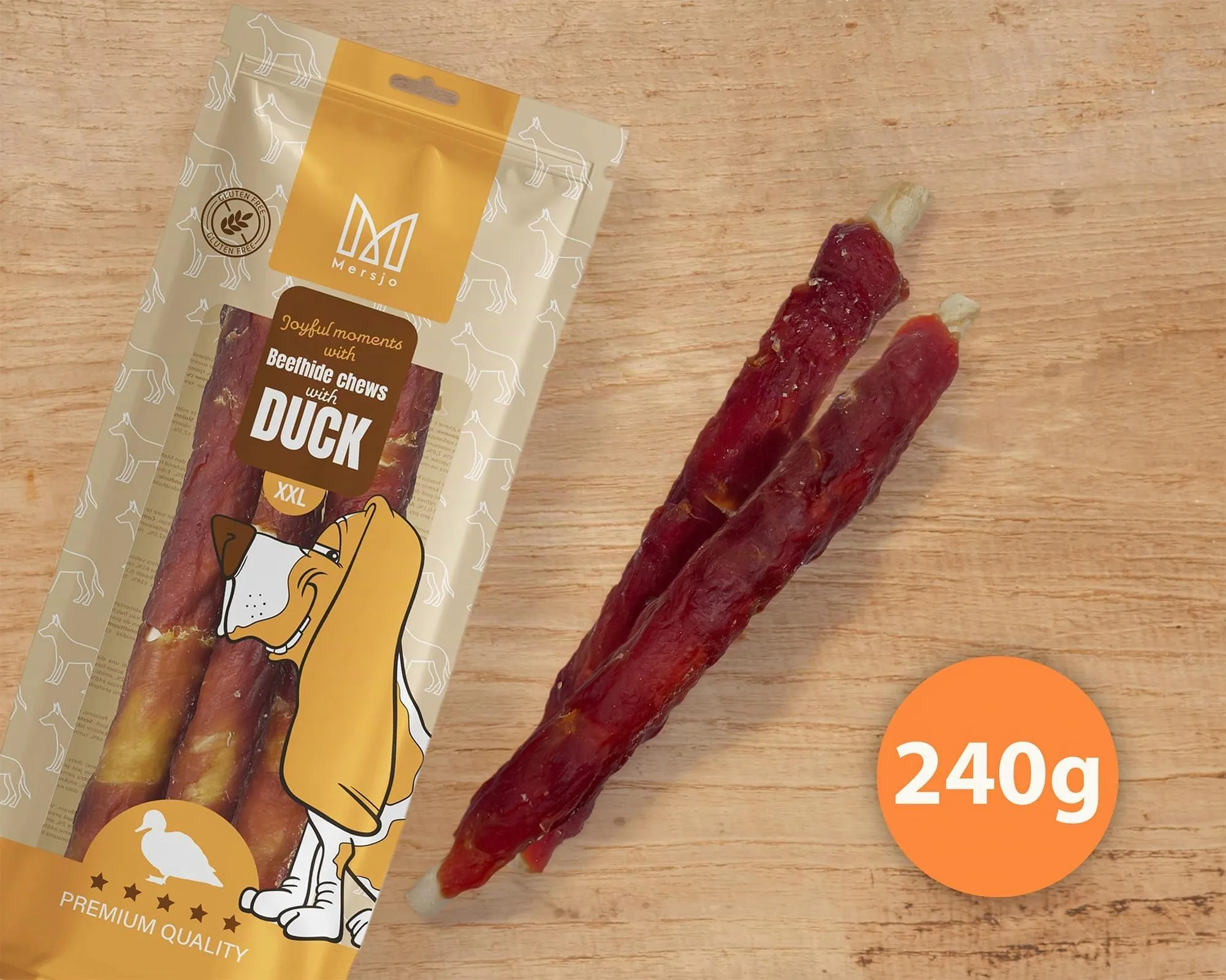 MERSJO Snack per cani XXL Bastoncini masticativi in pelle bovina e fegato d'anatra, 4 x 240 g, 24-25 cm - immagine 7