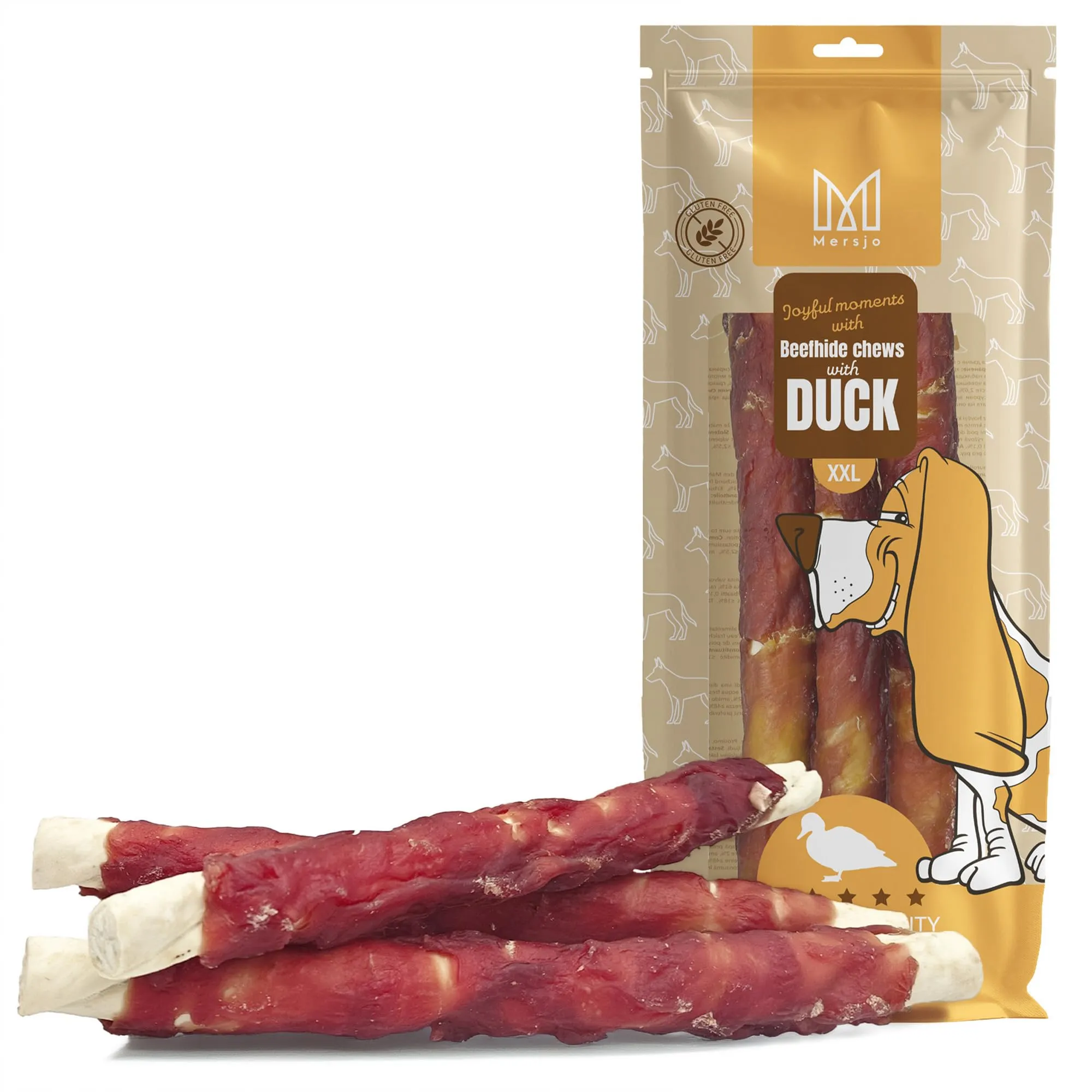 MERSJO Snack per cani XXL Bastoncini masticativi in pelle bovina e fegato d'anatra, 4 x 240 g, 24-25 cm - immagine 9