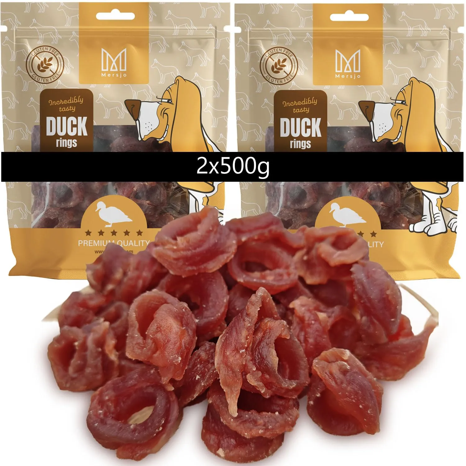 MERSJO Hundeleckerlis Duck Rings, 95% carne d'anatra, senza cereali, 2 x 500 g - immagine 1