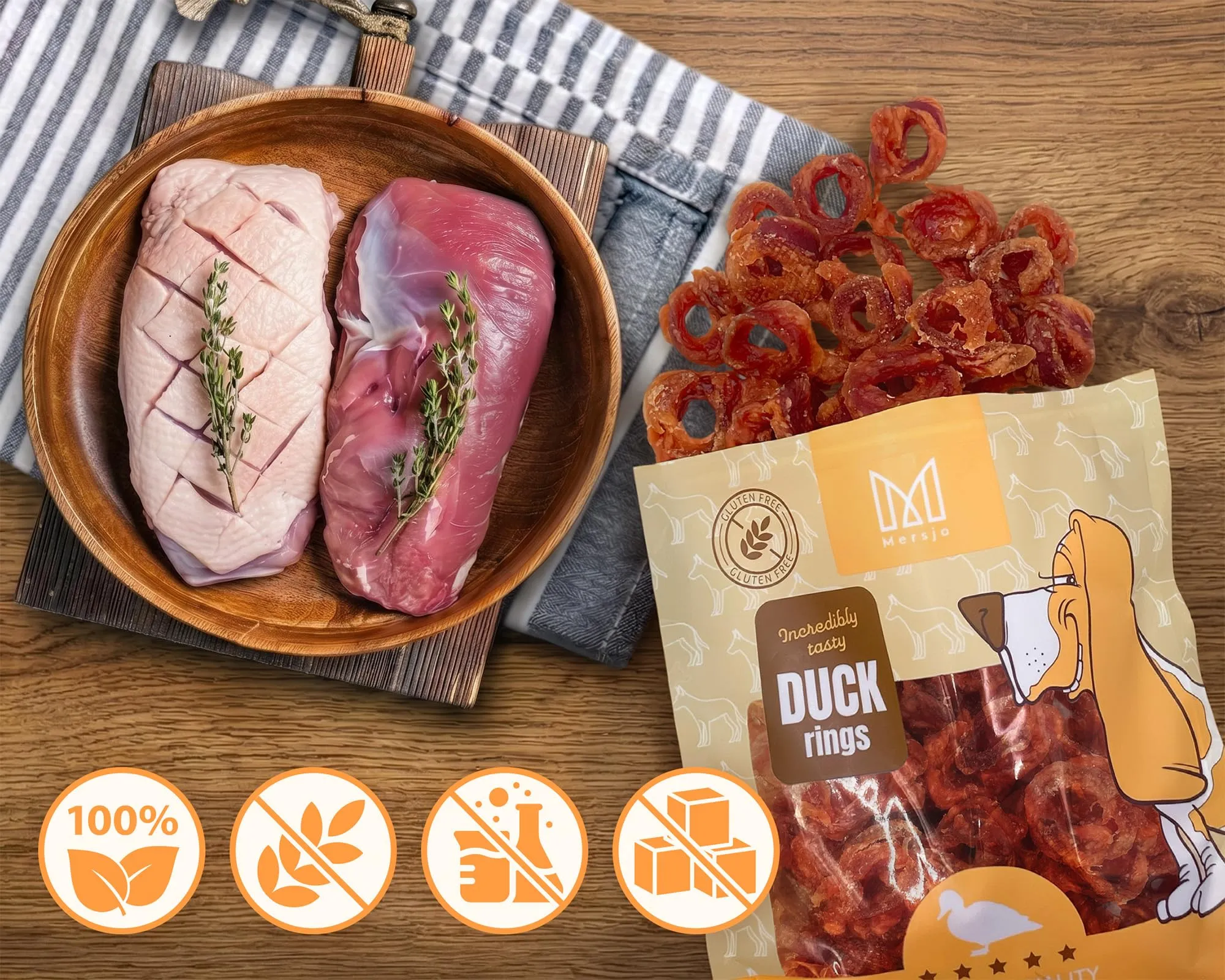 MERSJO Hundeleckerlis Duck Rings, 95% carne d'anatra, senza cereali, 2 x 500 g - immagine 4