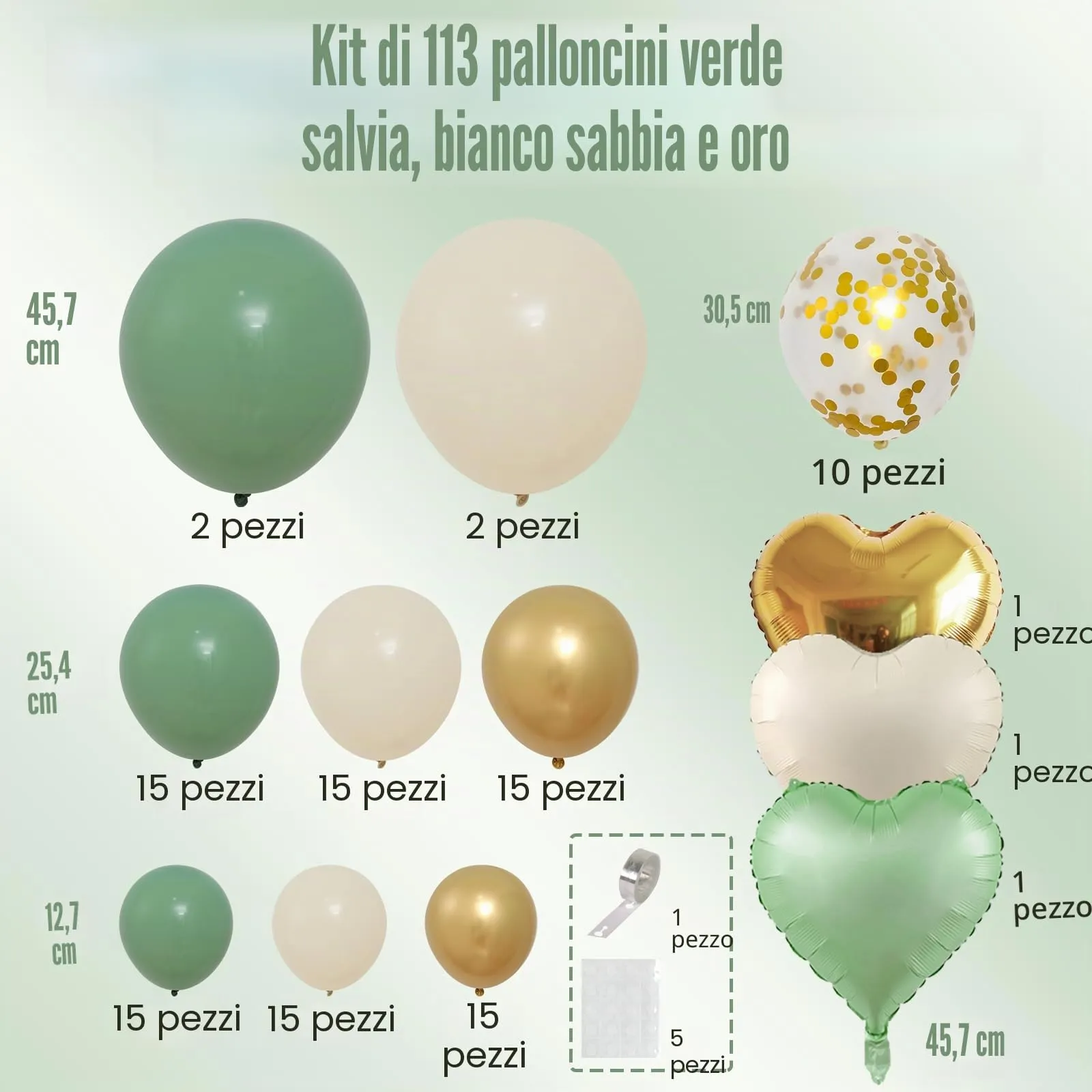 Frigg Kit Arco Palloncini 113 Pezzi Verde Salvia, Oro e Beige con Palloncini a Cuore e Coriandoli - immagine 2