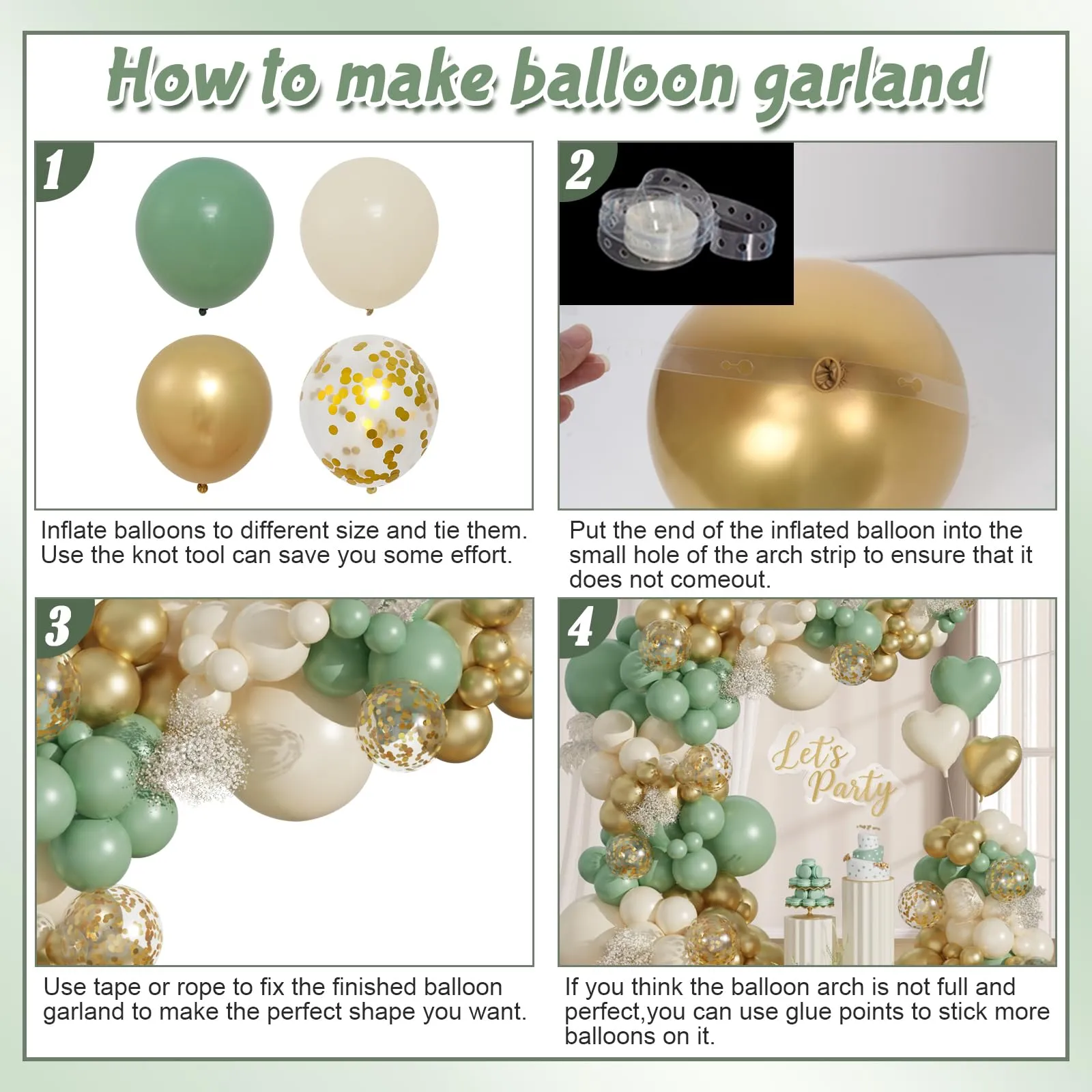 Frigg Kit Arco Palloncini 113 Pezzi Verde Salvia, Oro e Beige con Palloncini a Cuore e Coriandoli - immagine 3