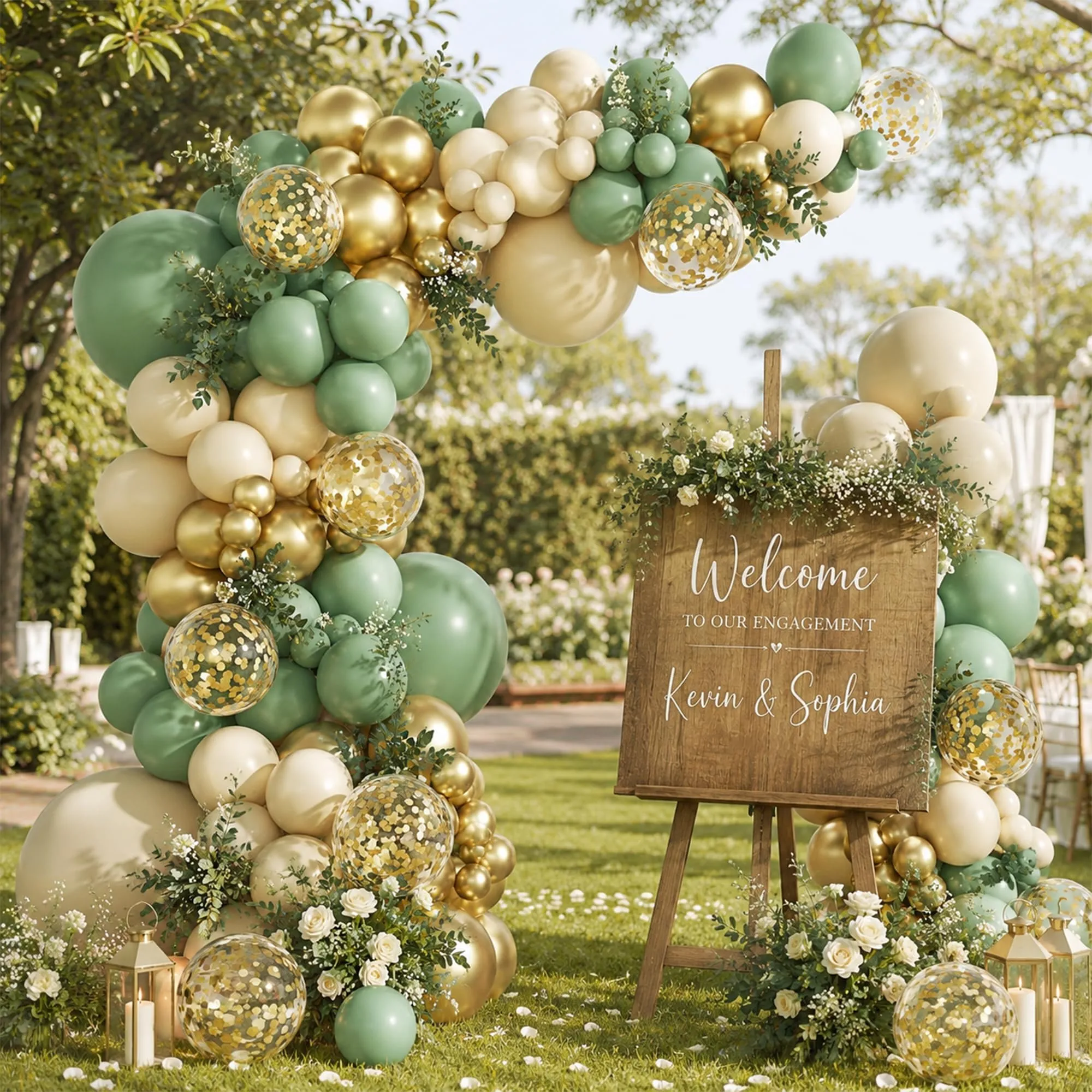 Frigg Kit Arco Palloncini 113 Pezzi Verde Salvia, Oro e Beige con Palloncini a Cuore e Coriandoli - immagine 4