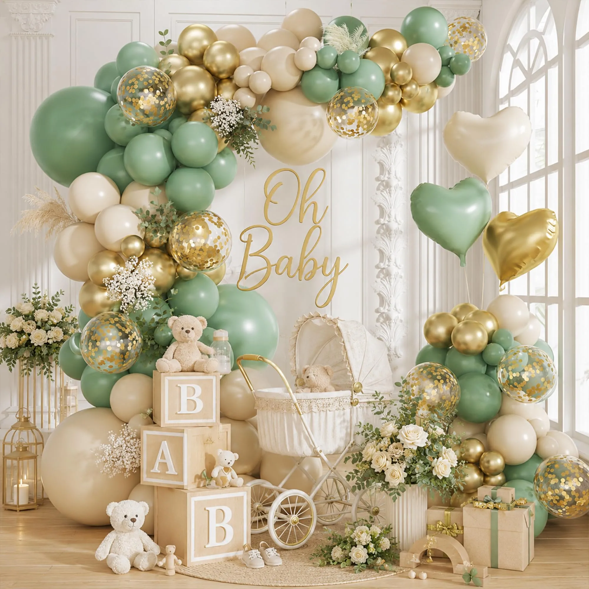 Frigg Kit Arco Palloncini 113 Pezzi Verde Salvia, Oro e Beige con Palloncini a Cuore e Coriandoli - immagine 5