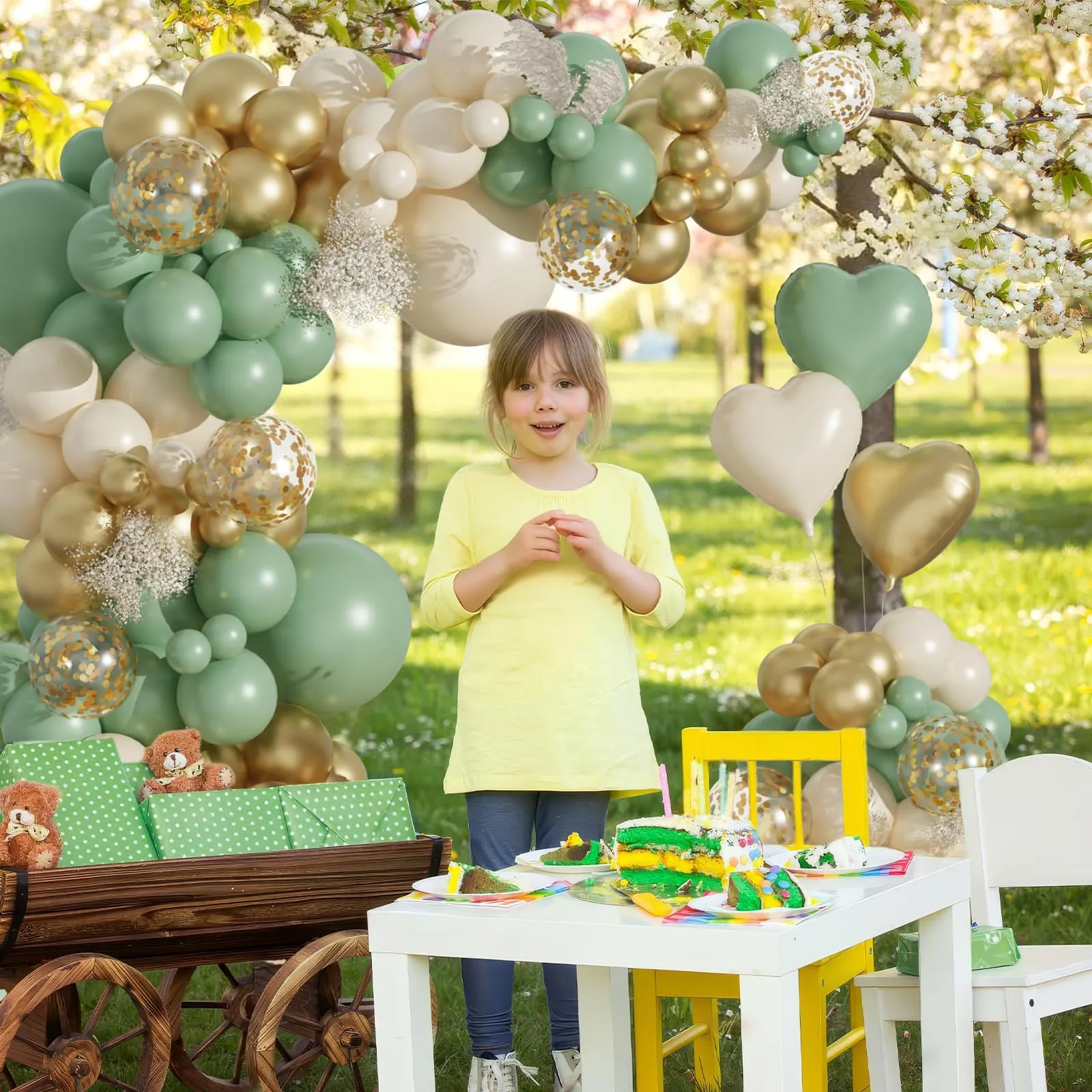 Frigg Kit Arco Palloncini 113 Pezzi Verde Salvia, Oro e Beige con Palloncini a Cuore e Coriandoli - immagine 6