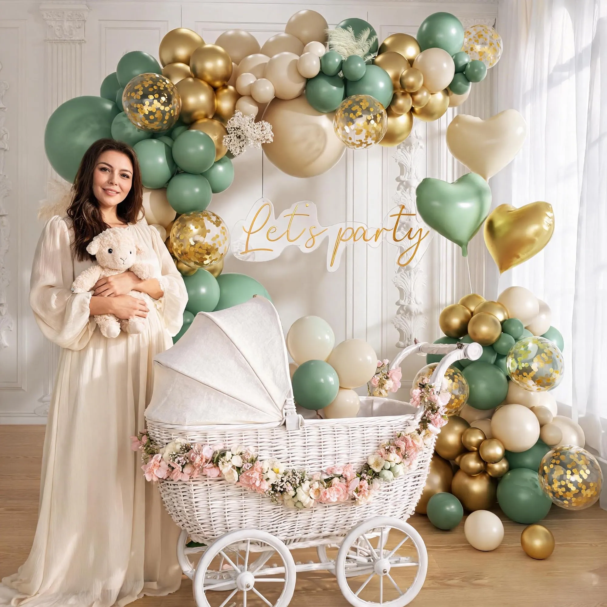 Frigg Kit Arco Palloncini 113 Pezzi Verde Salvia, Oro e Beige con Palloncini a Cuore e Coriandoli - immagine 7
