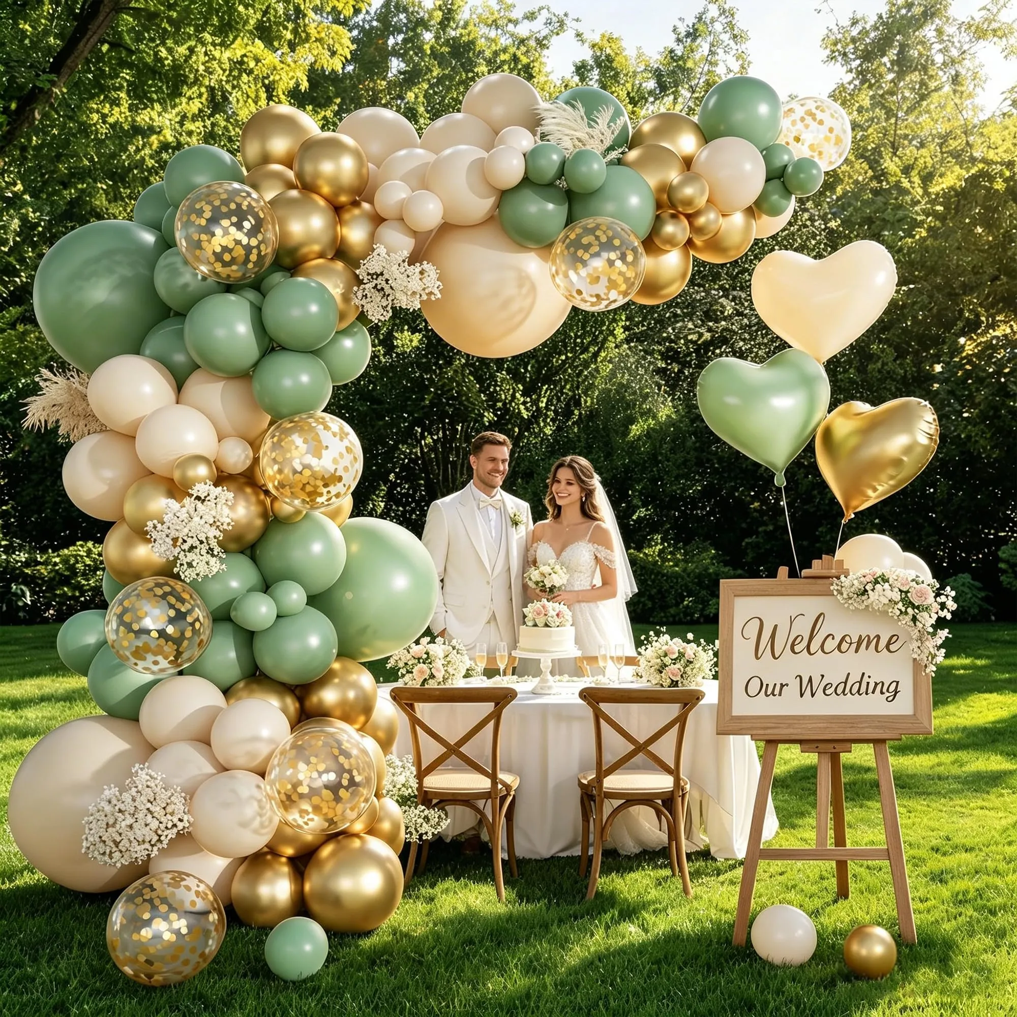 Frigg Kit Arco Palloncini 113 Pezzi Verde Salvia, Oro e Beige con Palloncini a Cuore e Coriandoli - immagine 8