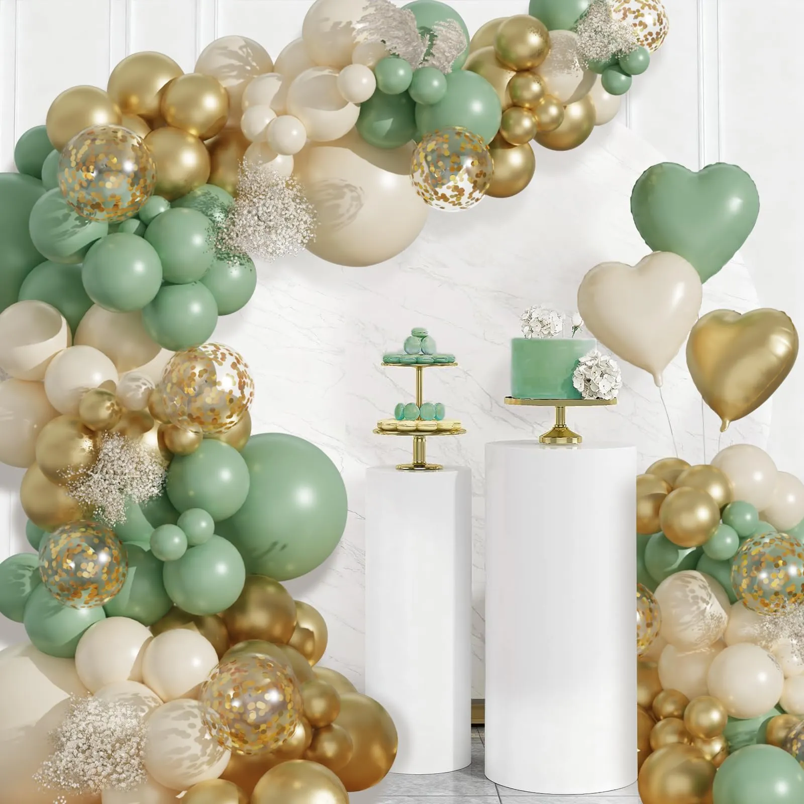Frigg Kit Arco Palloncini 113 Pezzi Verde Salvia, Oro e Beige con Palloncini a Cuore e Coriandoli - immagine 9