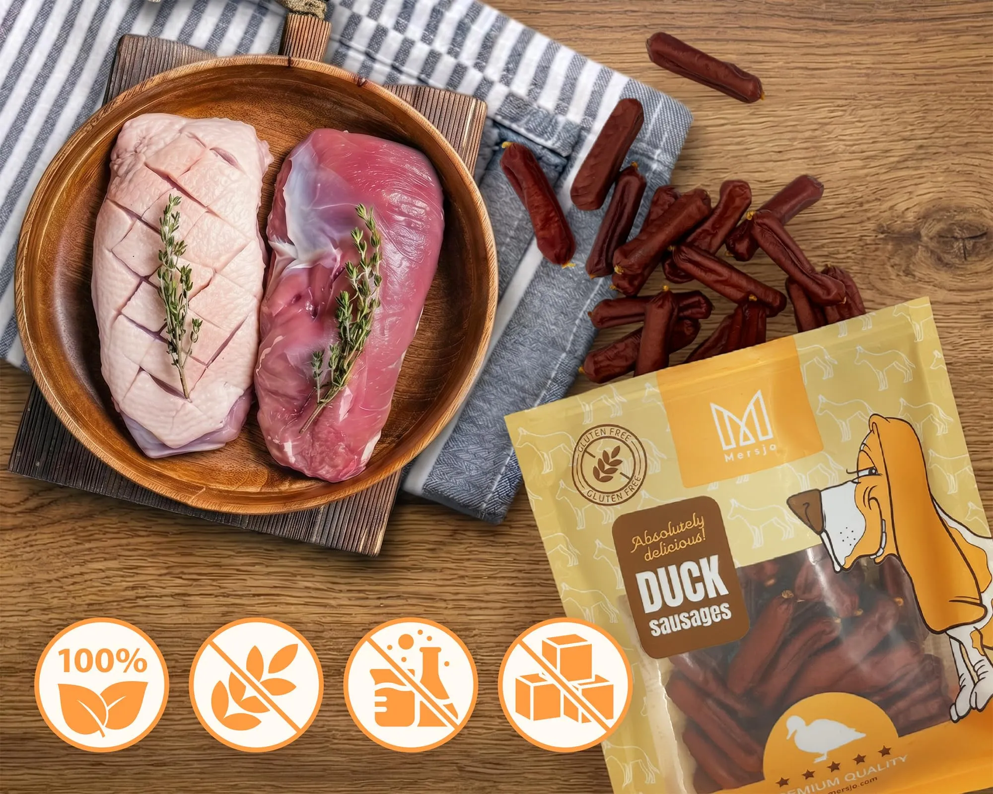 MERSJO Snack Premium per Cani con Salsicce di Anatra, 2x500g, Senza Glutine, 90% Carne di Anatra - immagine 4