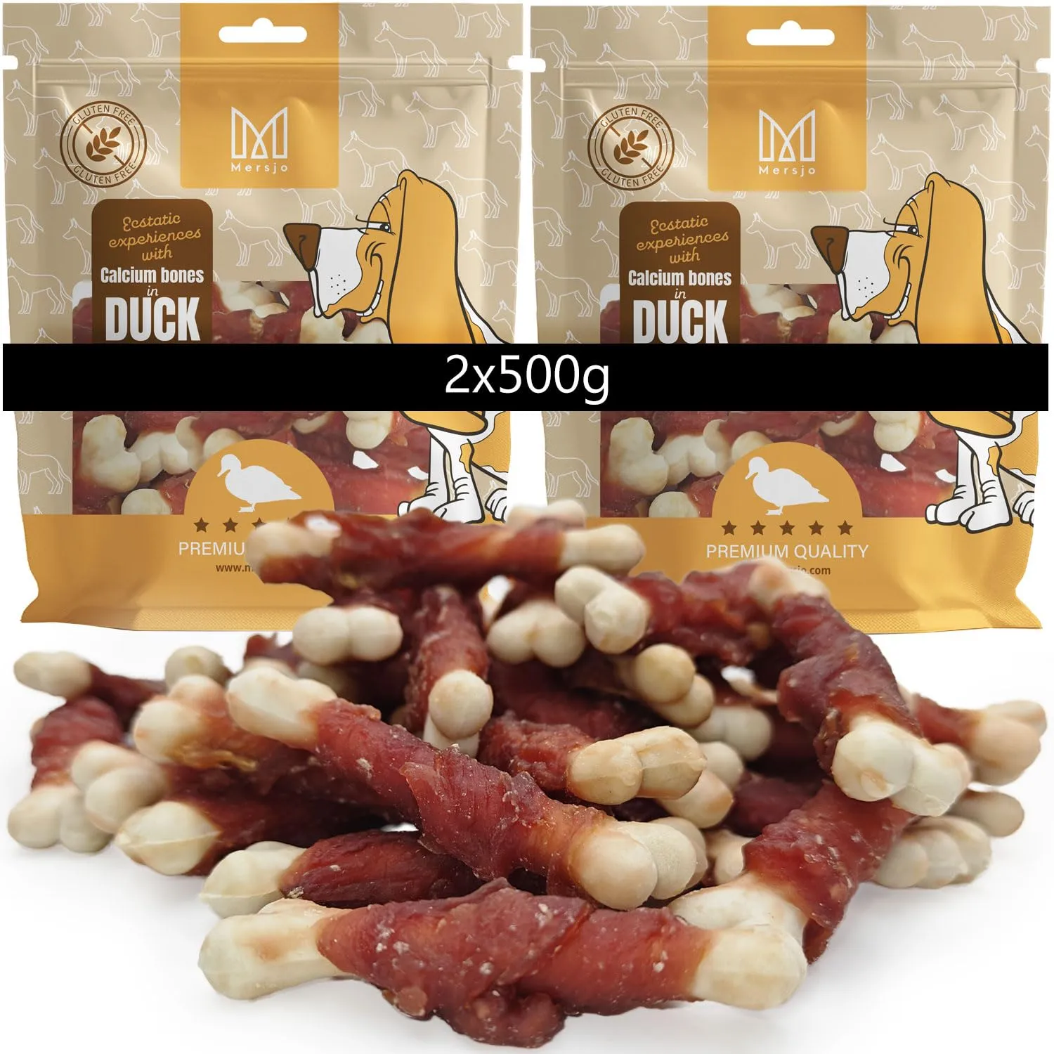 MERSJO Snack all'anatra per cani con osso di calcio, senza cereali, 2 x 500 g - immagine 1