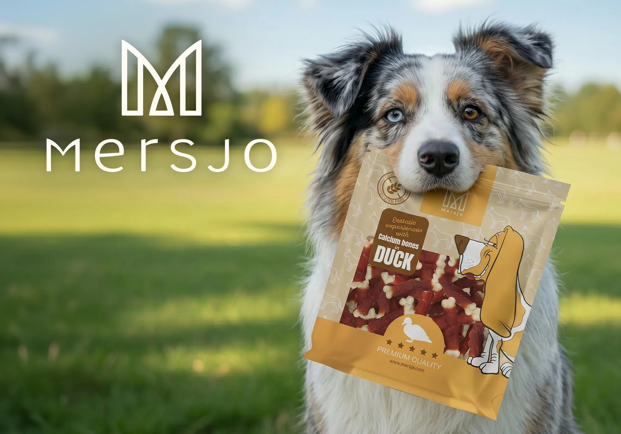 MERSJO Snack all'anatra per cani con osso di calcio, senza cereali, 2 x 500 g - immagine 2