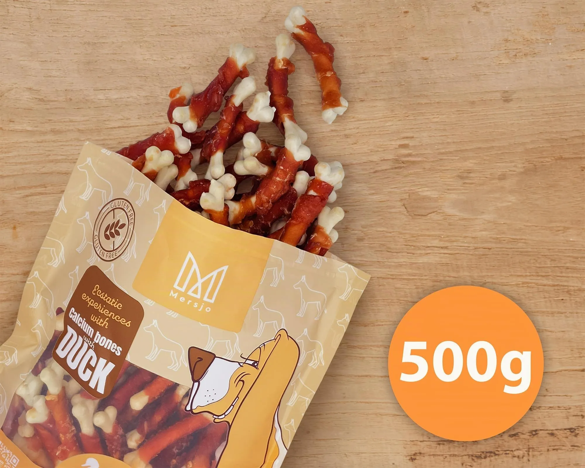 MERSJO Snack all'anatra per cani con osso di calcio, senza cereali, 2 x 500 g - immagine 6