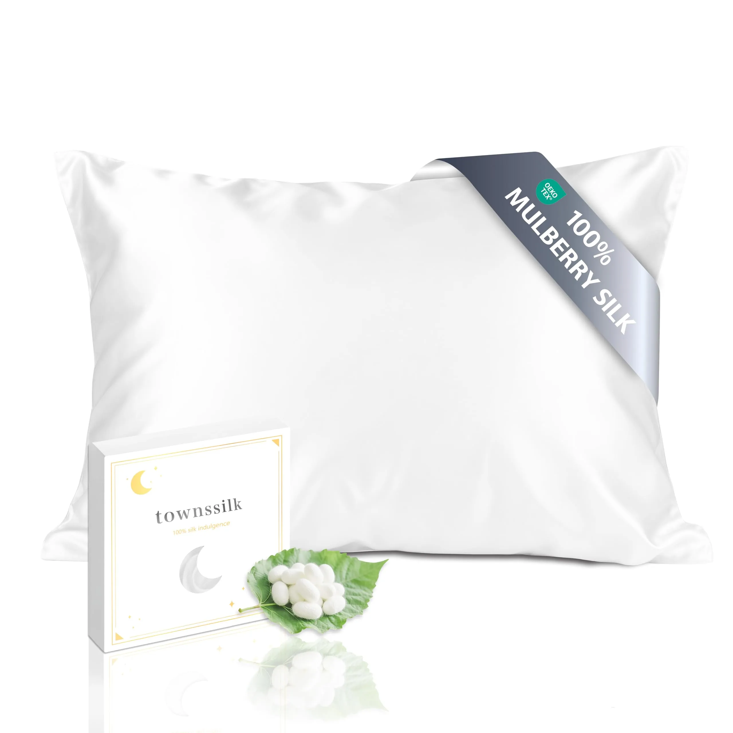 townssilk Federa per cuscino in seta 70x90cm, 100% seta di gelso 19 mm, Oeko-TEX, qualità 6A, con cerniera, bianco - immagine 1