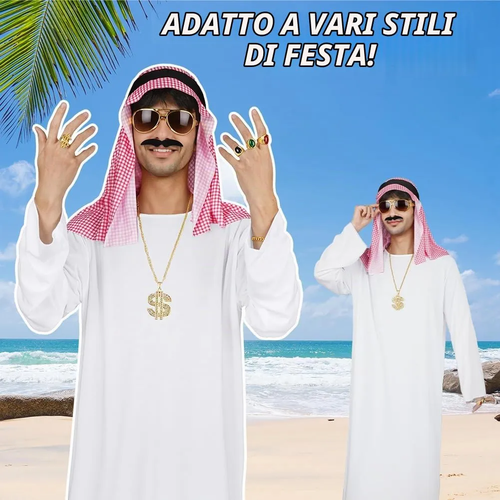 BSBUY Costume da Sceicco Arabo per Uomo, Set da 10 Pezzi con Turbante, Barba e Occhiali, Veste Bianca - immagine 2