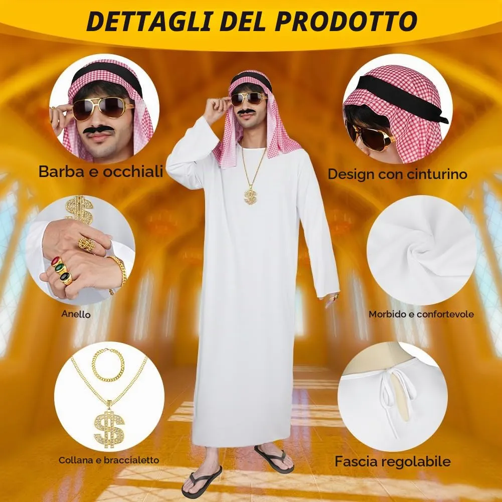 BSBUY Costume da Sceicco Arabo per Uomo, Set da 10 Pezzi con Turbante, Barba e Occhiali, Veste Bianca - immagine 5