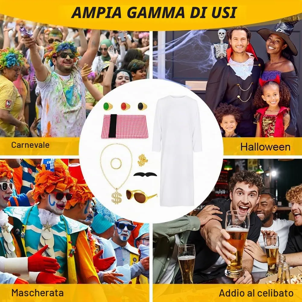 BSBUY Costume da Sceicco Arabo per Uomo, Set da 10 Pezzi con Turbante, Barba e Occhiali, Veste Bianca - immagine 6