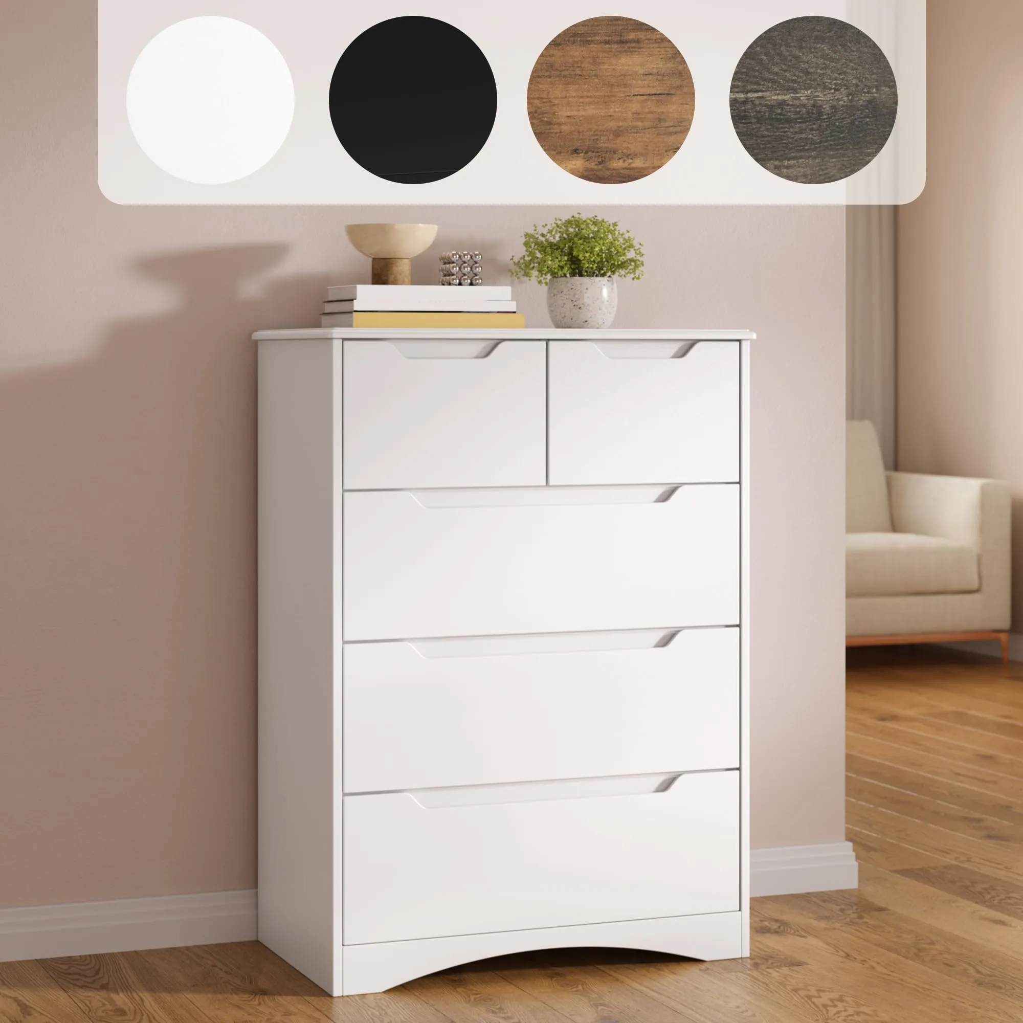 Blishom Cassettiera Camera da Letto con 5 Cassetti, 94 x 72 x 41 cm, Bianco - immagine 4