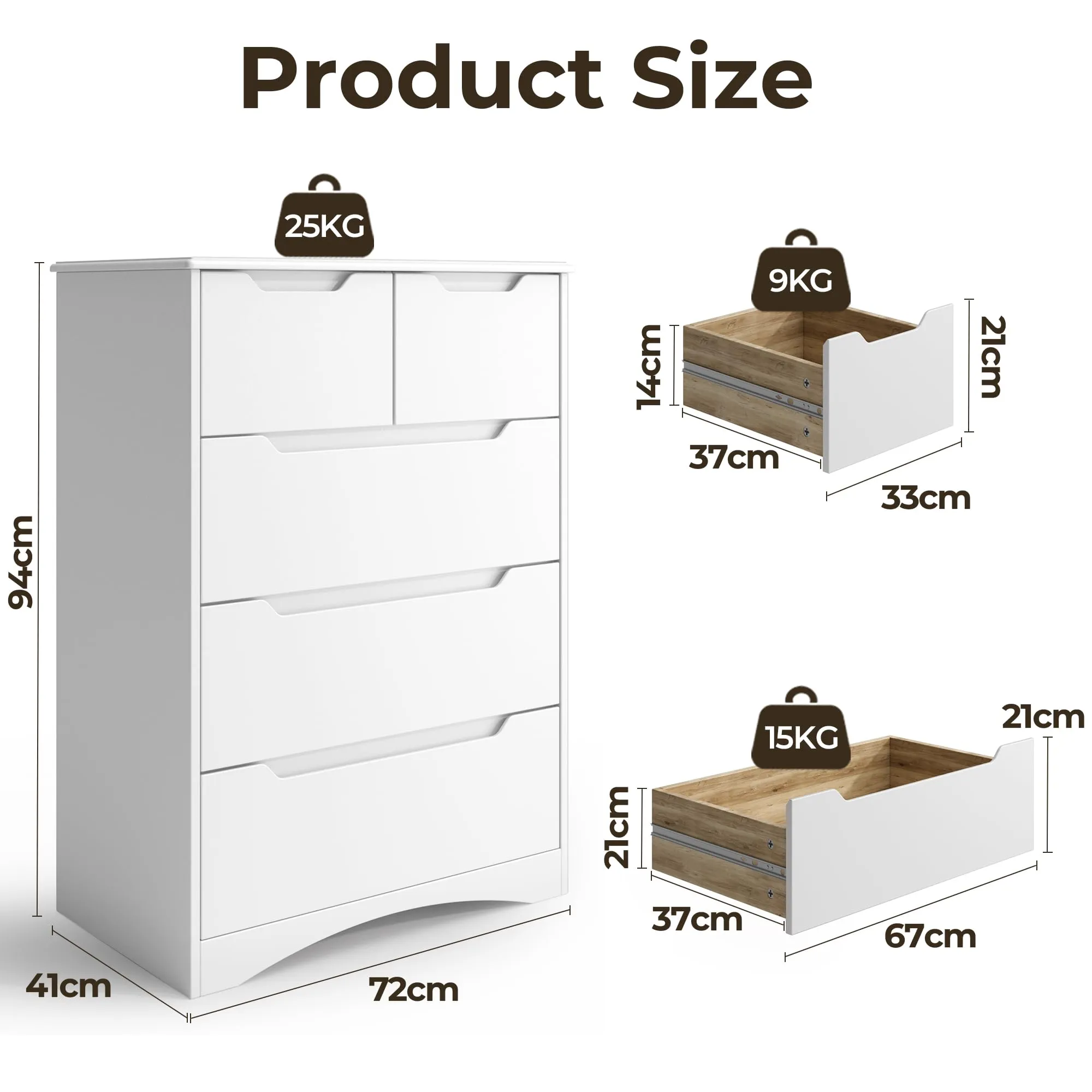 Blishom Cassettiera Camera da Letto con 5 Cassetti, 94 x 72 x 41 cm, Bianco - immagine 5