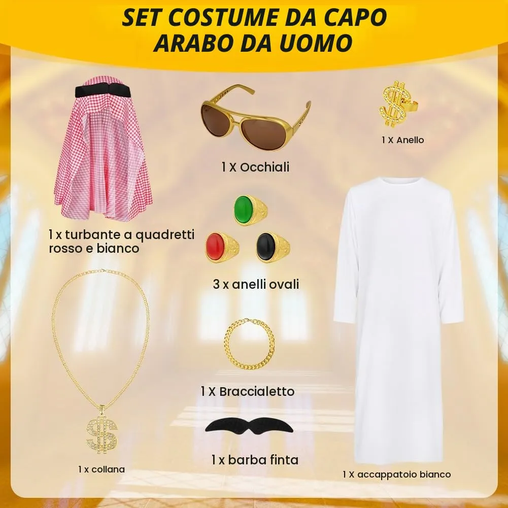 BSBUY Costume Arabo da Uomo, Set da 4 Pezzi con Turbante, Barba e Occhiali, Bianco - immagine 4