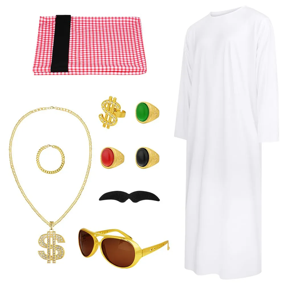BSBUY Costume Arabo da Uomo, Set da 4 Pezzi con Turbante, Barba e Occhiali, Bianco - immagine 7