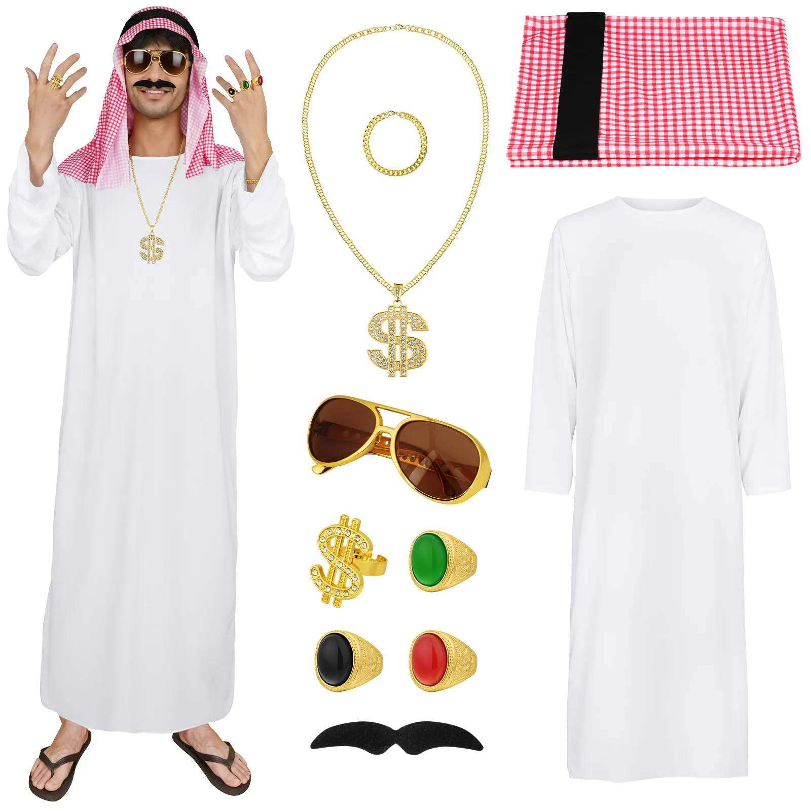 BSBUY Costume Arabo da Uomo, Set da 4 Pezzi con Turbante, Barba e Occhiali, Bianco - immagine 8