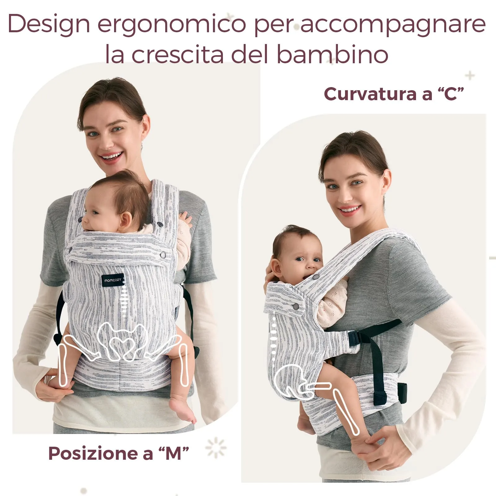 Momcozy Marsupio Neonato Ergonomico, 3,2-20 kg (3-24 Mesi), Strisce grigie - immagine 6