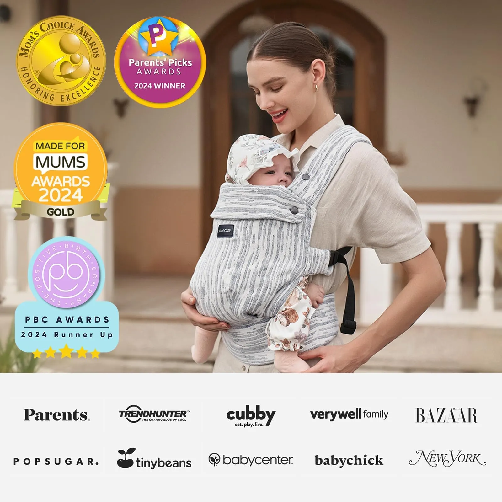 Momcozy Marsupio Neonato Ergonomico, 3,2-20 kg (3-24 Mesi), Strisce grigie - immagine 8