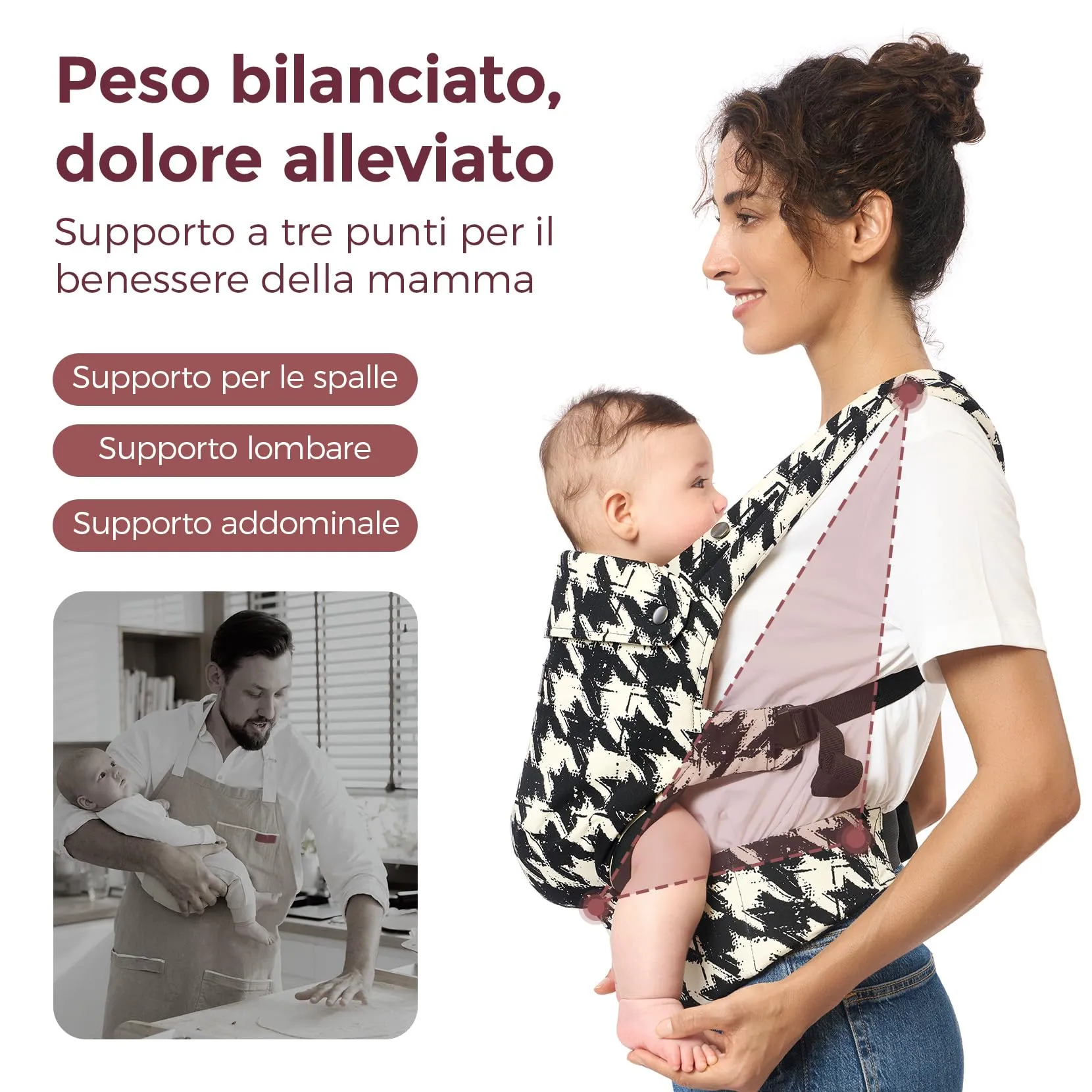 Momcozy Marsupio Neonato Ergonomico 3,2-20 kg (3-24 Mesi) Pied de Poule - immagine 2
