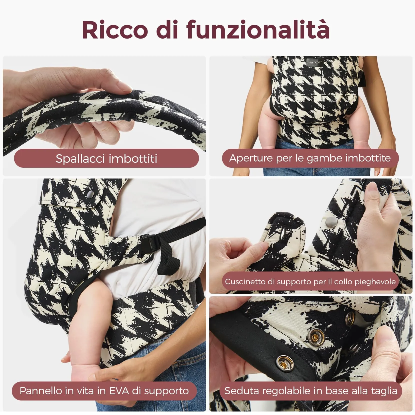 Momcozy Marsupio Neonato Ergonomico 3,2-20 kg (3-24 Mesi) Pied de Poule - immagine 3
