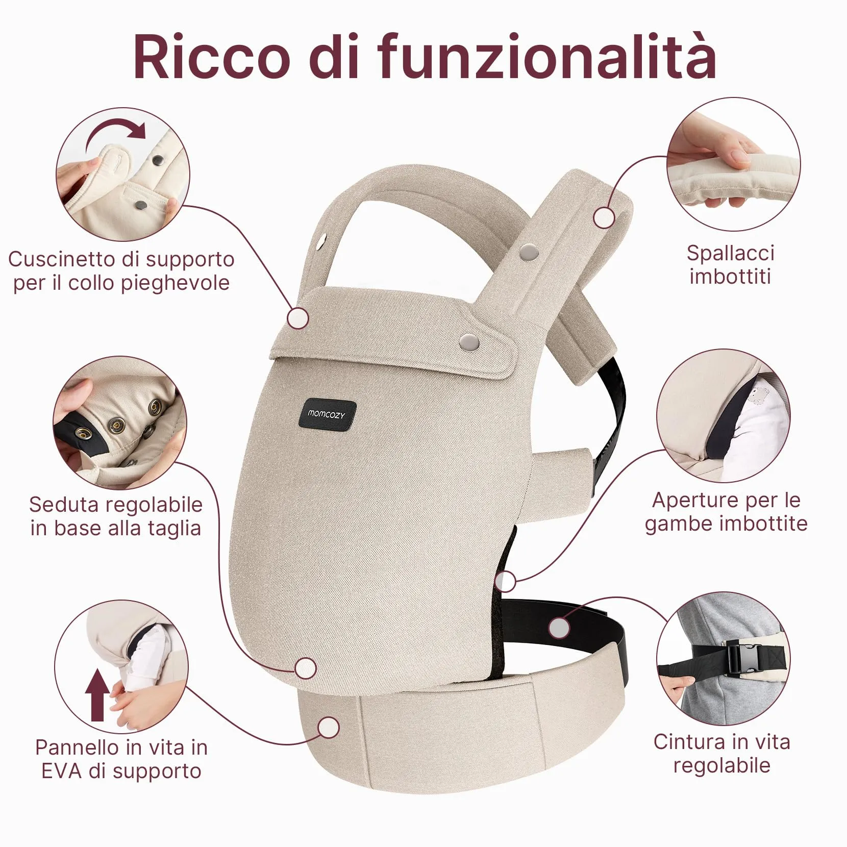 Momcozy Marsupio Neonato Ergonomico Regolabile 3,2-20 kg, Cachi - immagine 2