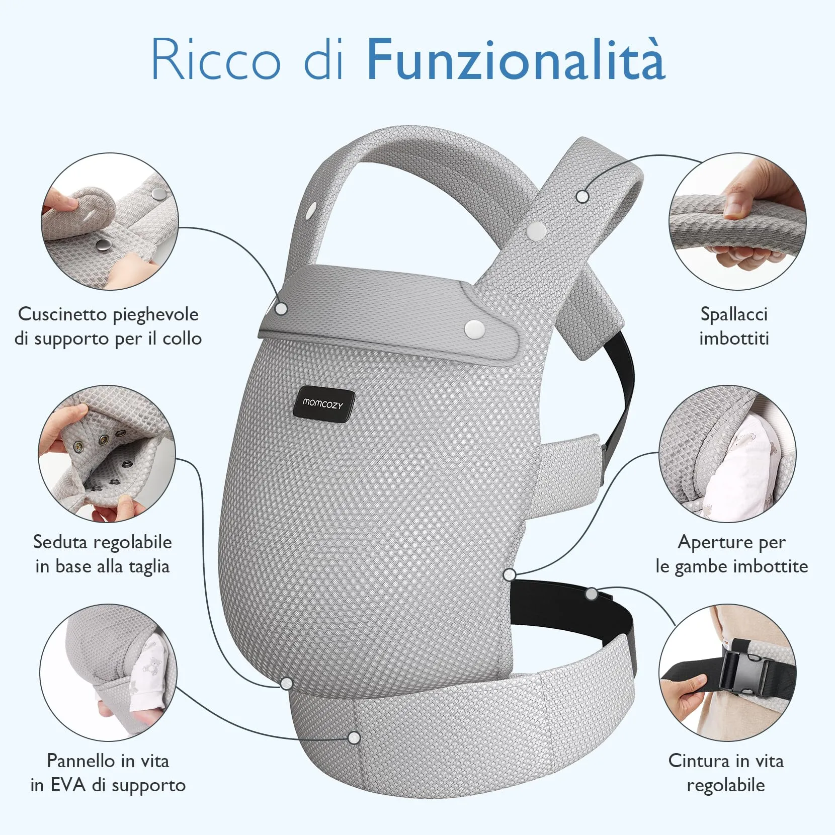 Momcozy Marsupio Neonato Ergonomico 3,2-20 kg (3-24 Mesi) Airmesh-Grigio - immagine 3