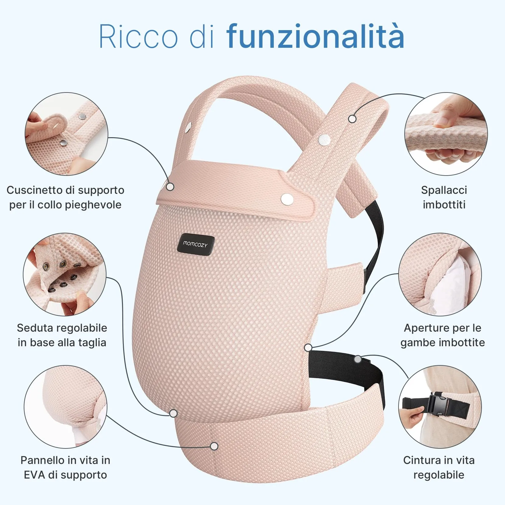 Momcozy Marsupio Neonato Ergonomico 3,2-20 kg (3-24 Mesi), Airmesh-Rosa - immagine 2