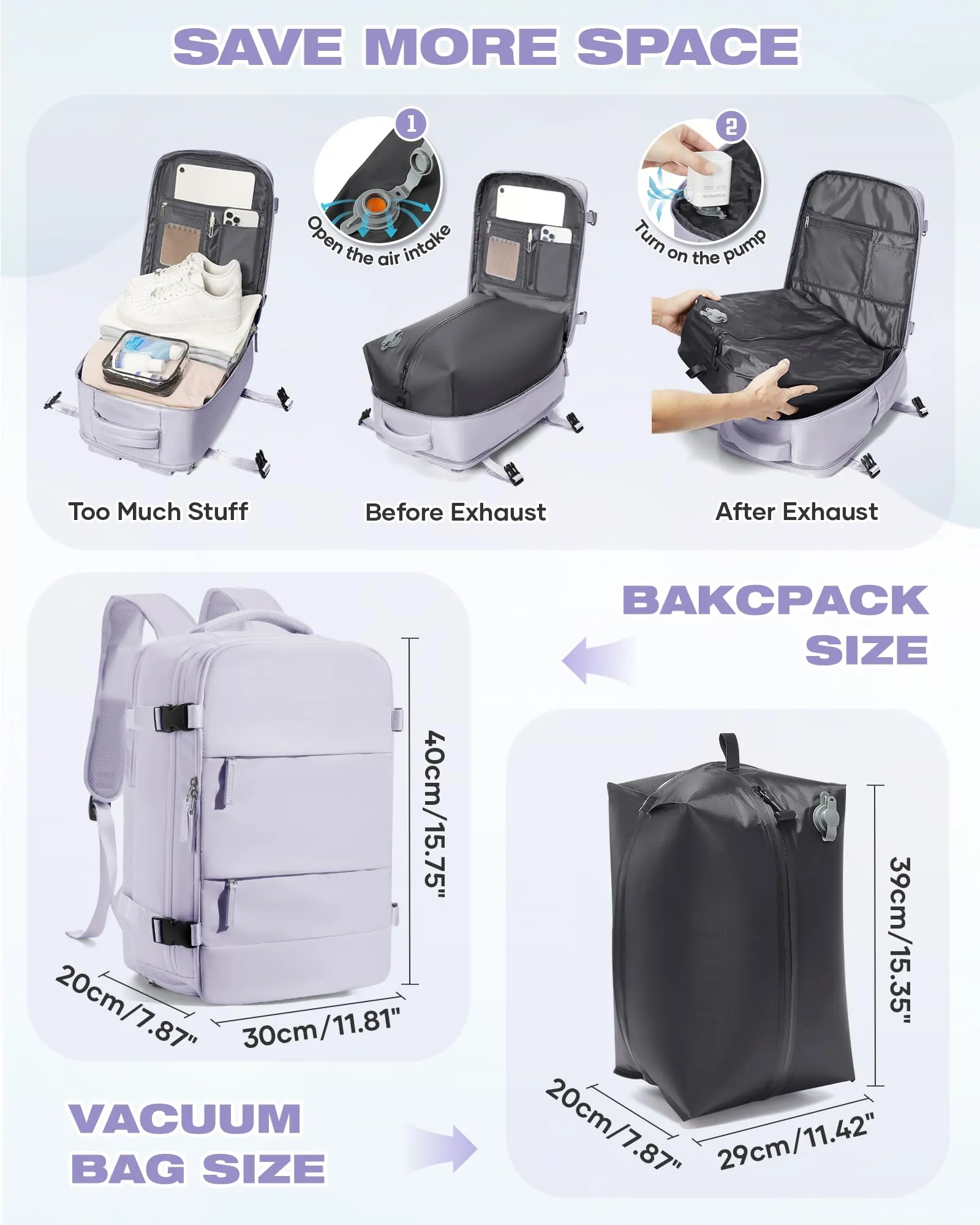 SZLX Zaino da Viaggio Sottovuoto con Pompa 40x30x20 per Ryanair e Wizzair, Impermeabile, Scomparto Laptop 14 Pollici e Scomparto Scarpe - immagine 4