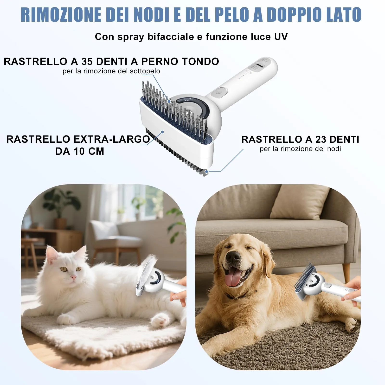 POIIOPY Spazzola a Vapore per Cani e Gatti a Pelo Lungo, Pettine Multifunzione 5 in 1 Doppia Faccia, Extra Wide, RK35-Y - immagine 2
