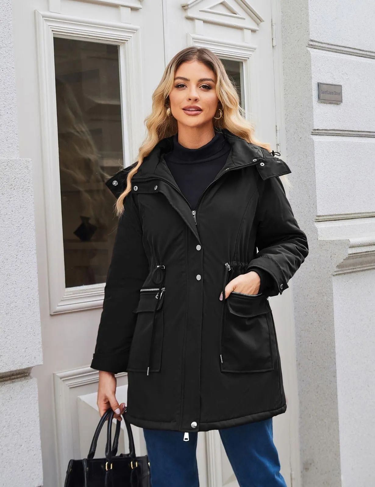 Maacie Giacca Premaman Impermeabile in Cotone, Cappotto Invernale, Nero, L - immagine 3