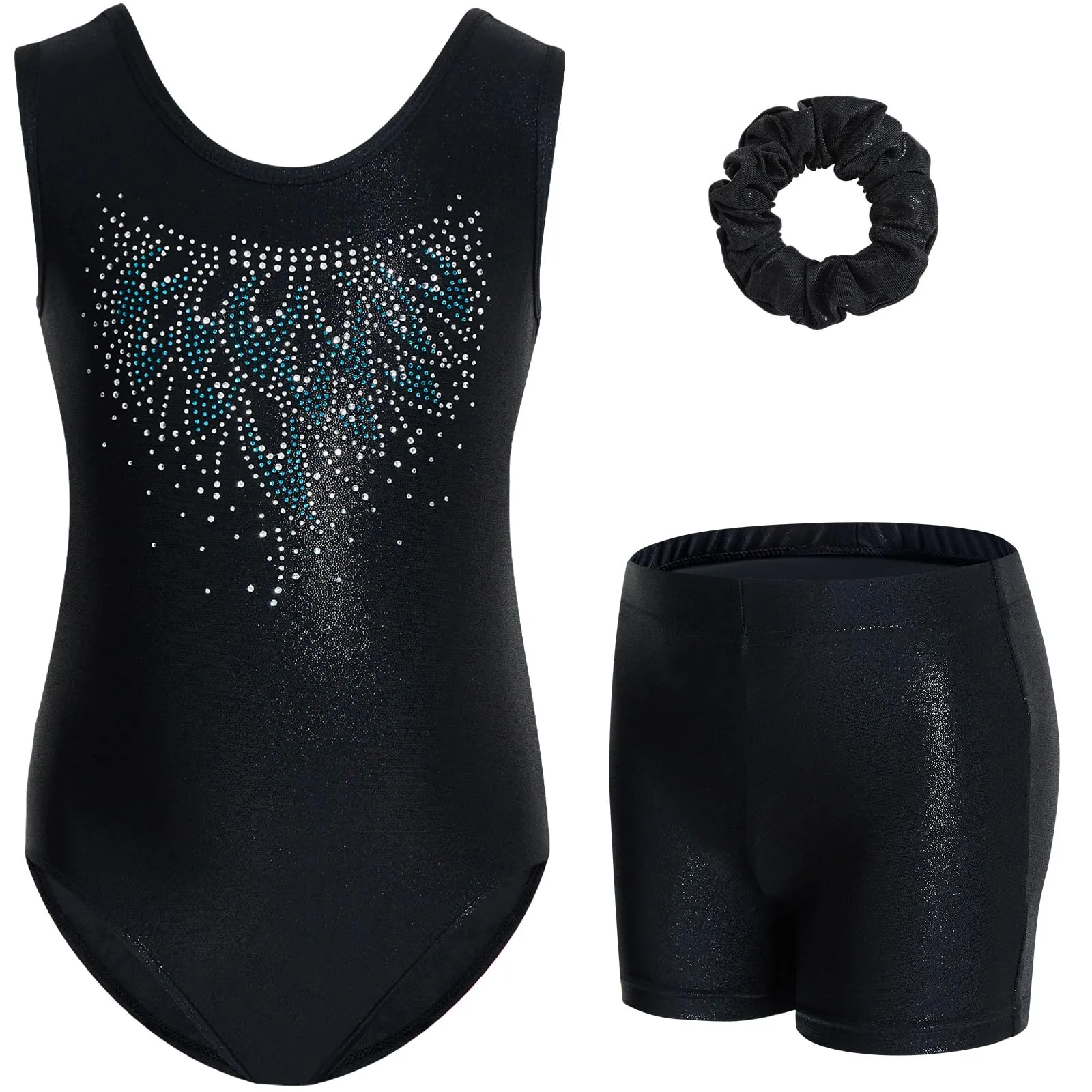 Gogokids Completo da Ginnastica per Bambina 3 Pezzi Body senza Maniche, Pantaloncini e Fascia per Capelli, Design Sfumato e Scintillante - immagine 1