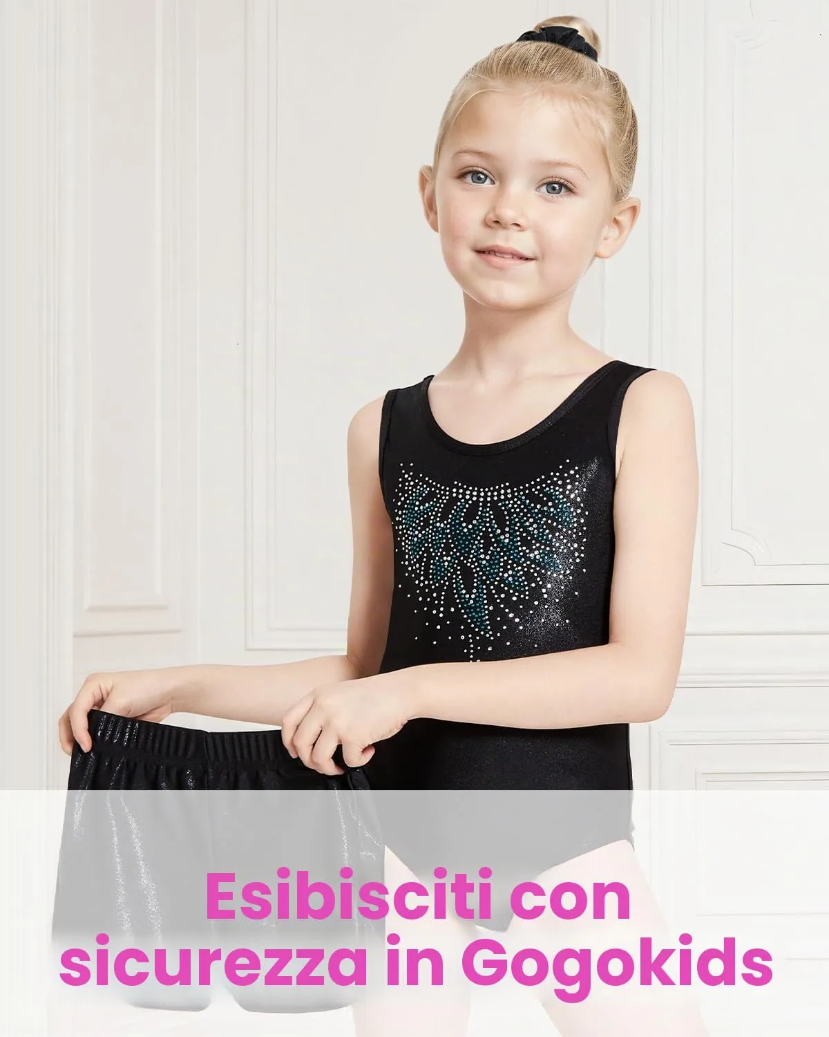 Gogokids Completo da Ginnastica Bambina 3 Pezzi con Body, Pantaloncini e Fascia per Capelli, Design Sfumato Scintillante, Nero - immagine 5