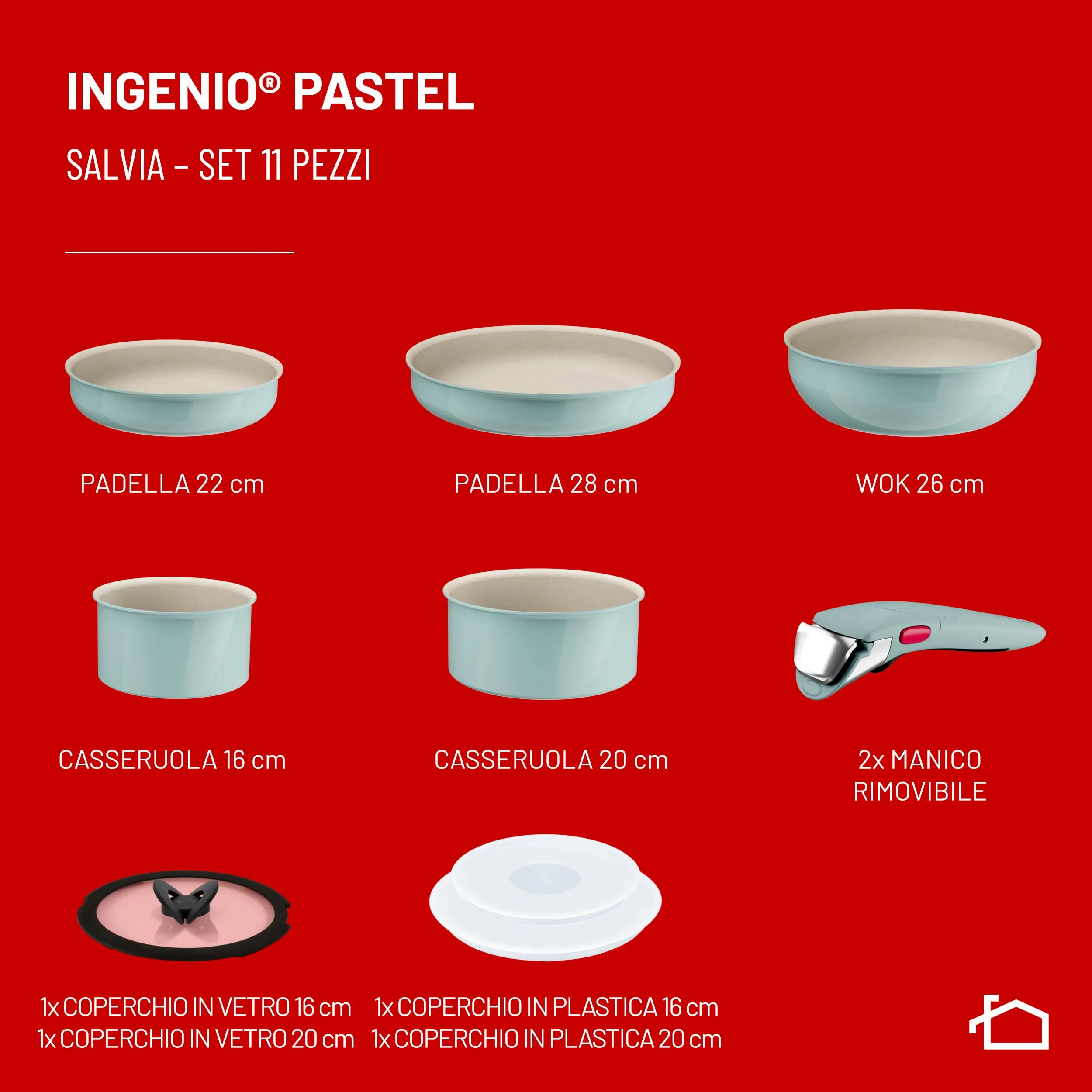 Lagostina Ingenio Pastel Set Padelle Antiaderenti 11 Pezzi, Color Salvia - immagine 2