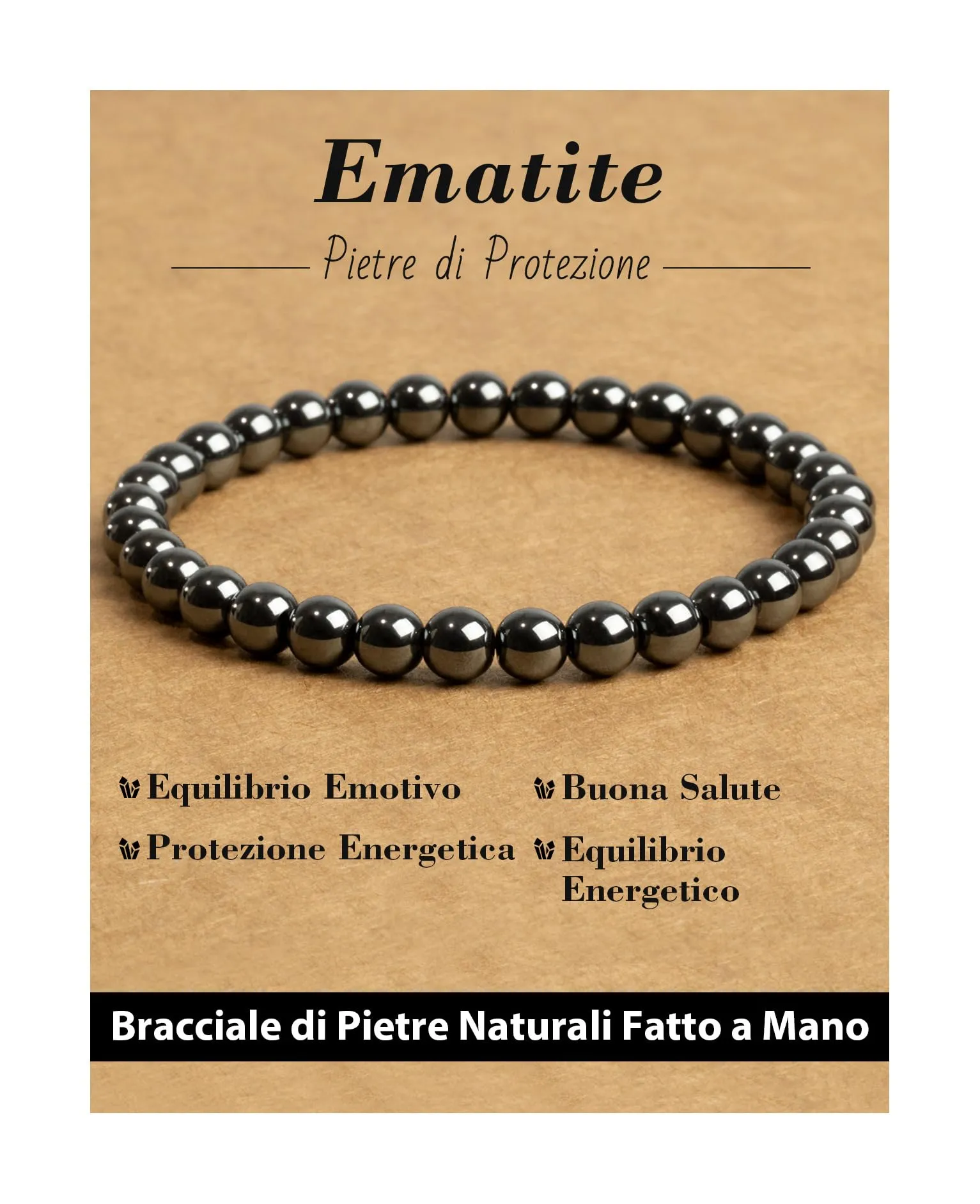 Landorilo Bracciale in Pietra Naturale Ematite, 6 mm, 19 cm - immagine 1